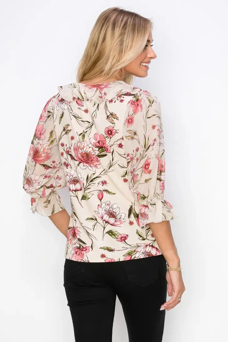 Ruffle Front V Neck Mix Media 3/4 Sleeve Blouse