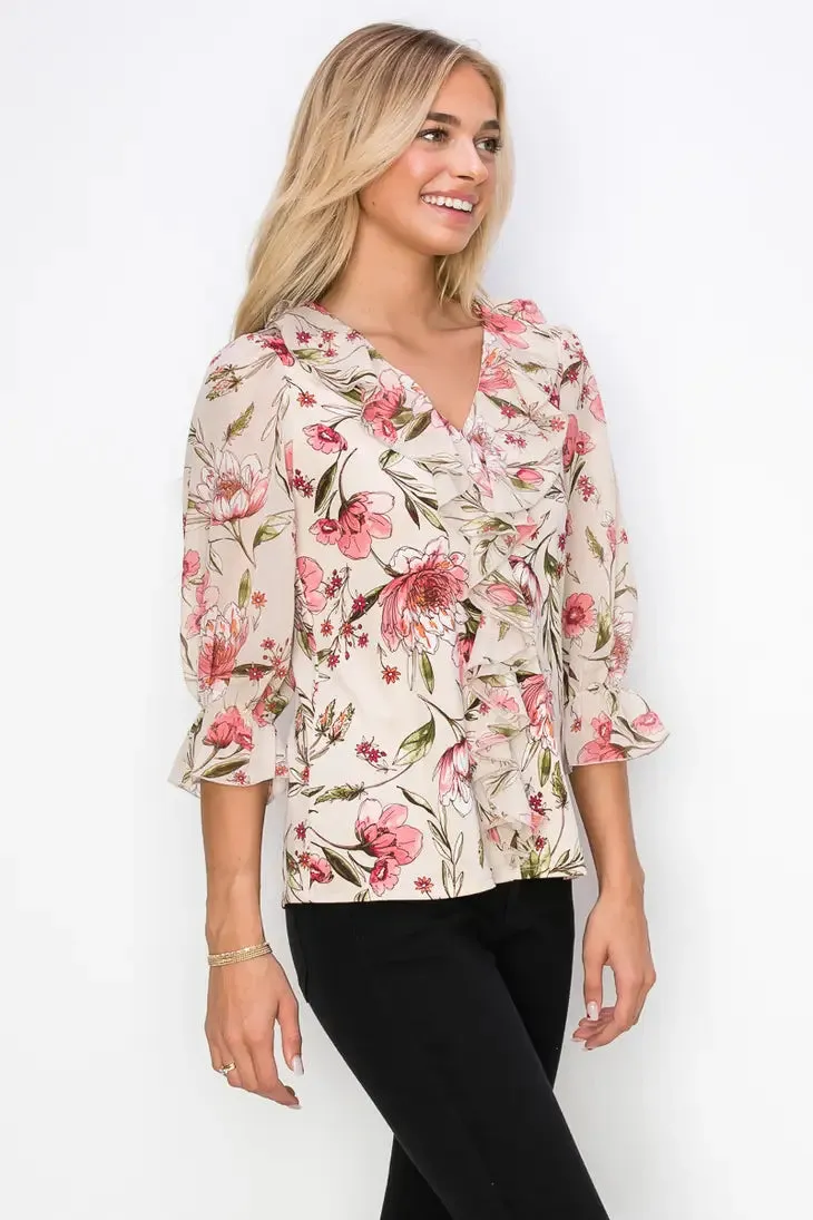 Ruffle Front V Neck Mix Media 3/4 Sleeve Blouse