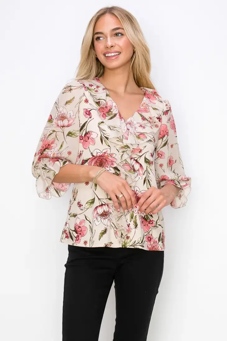 Ruffle Front V Neck Mix Media 3/4 Sleeve Blouse