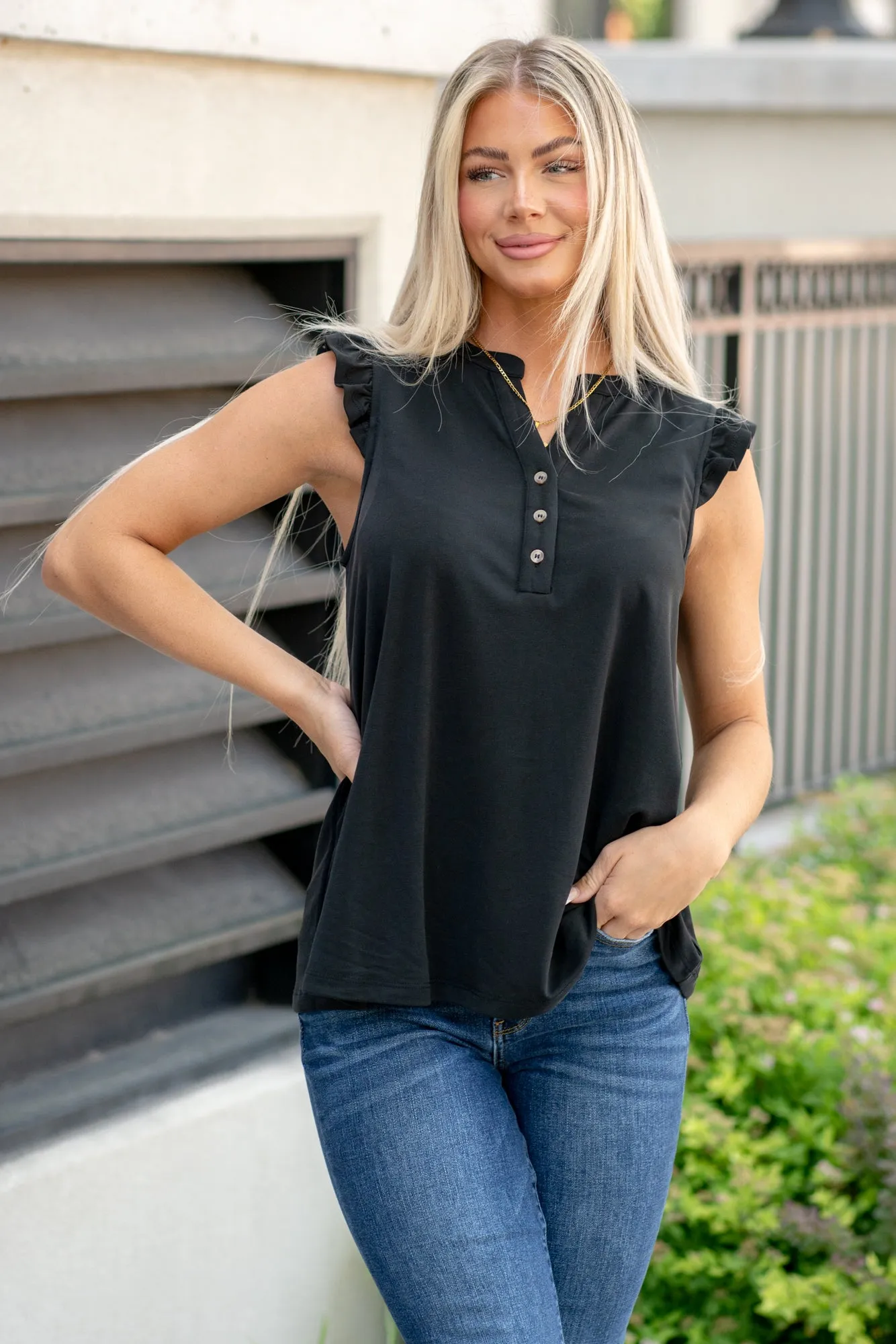 Ruffle Shoulder Knit Top - Black