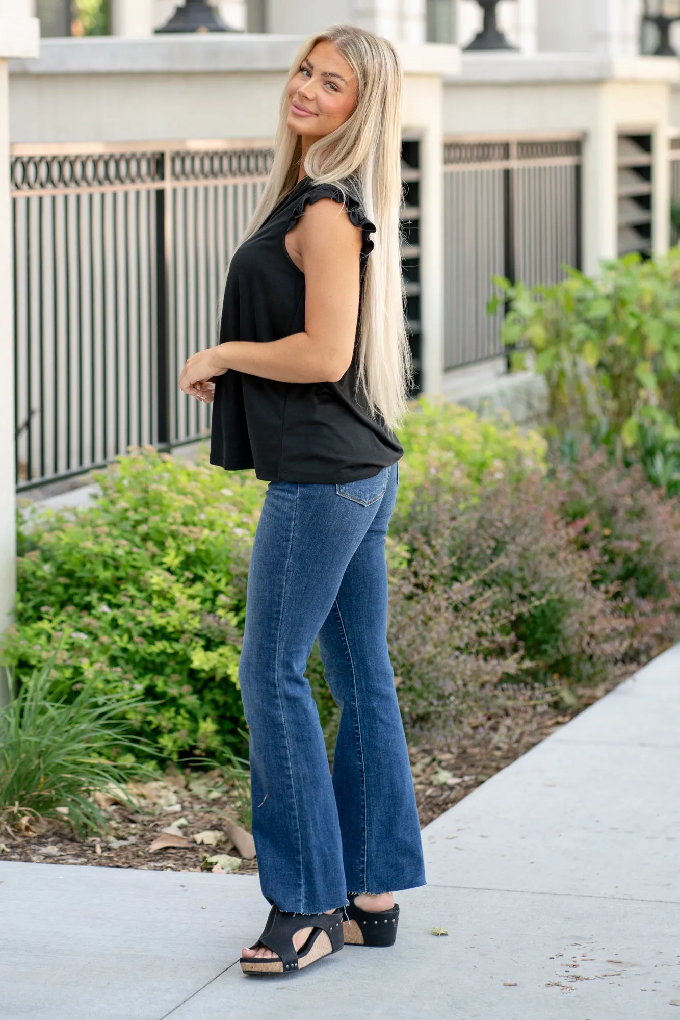 Ruffle Shoulder Knit Top - Black