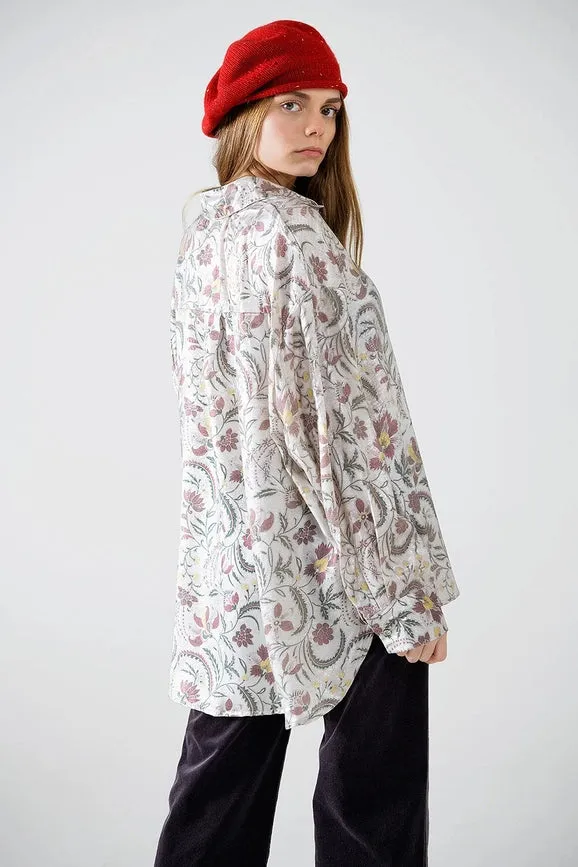 Satin Blouse with Flower Print in Grey