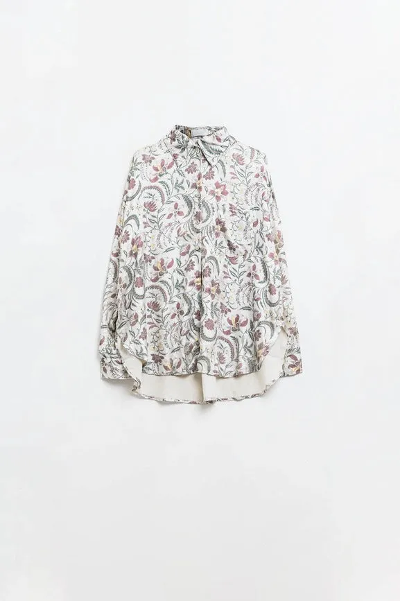 Satin Blouse with Flower Print in Grey