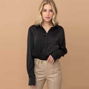 Satin Button Down Blouse (Black)