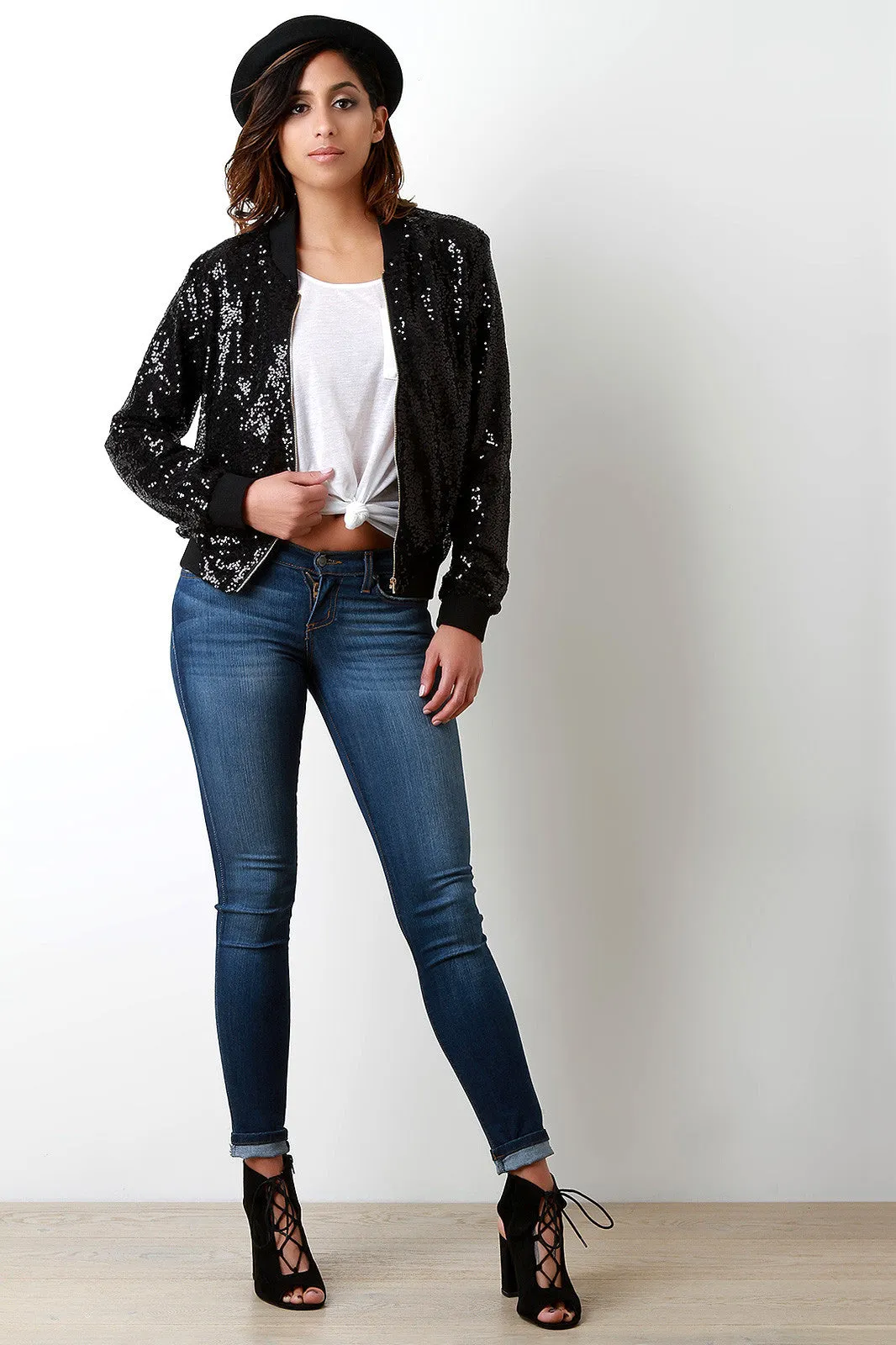 Sequin Rib Knit Trim Zip-Up Bomber Jacket