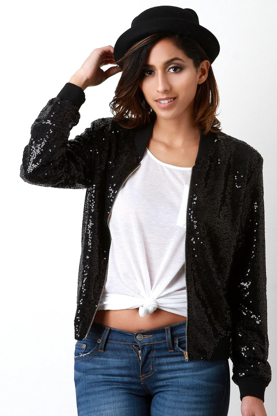 Sequin Rib Knit Trim Zip-Up Bomber Jacket