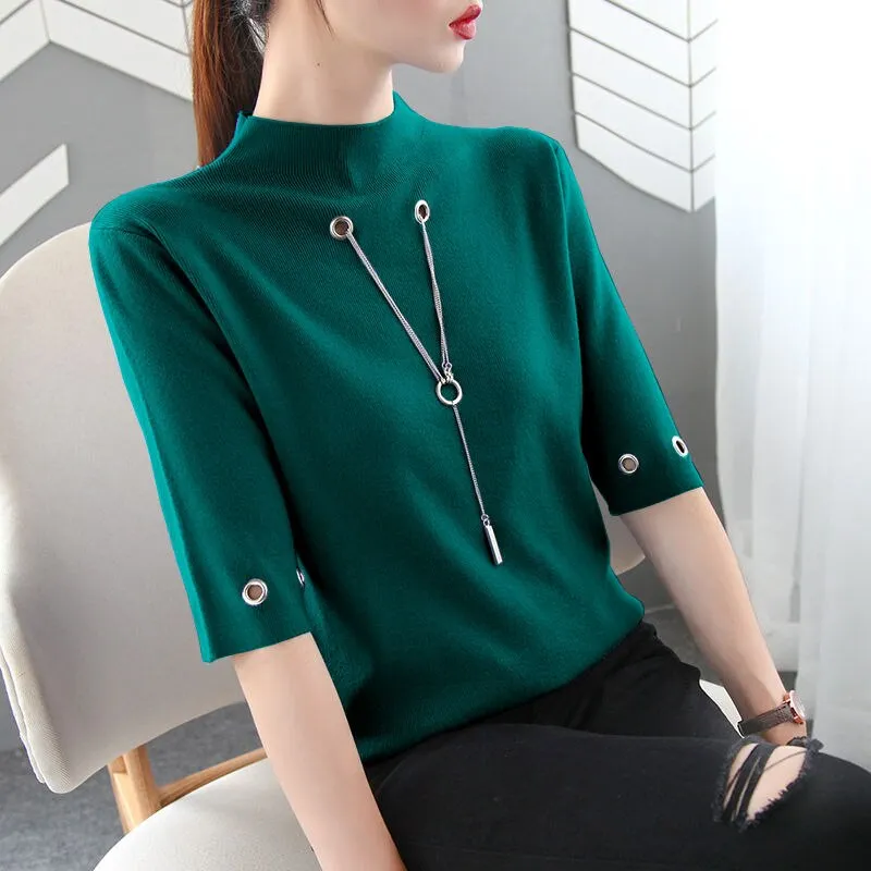 Sequined Pendant O Neck Half Sleeve T-Shirt