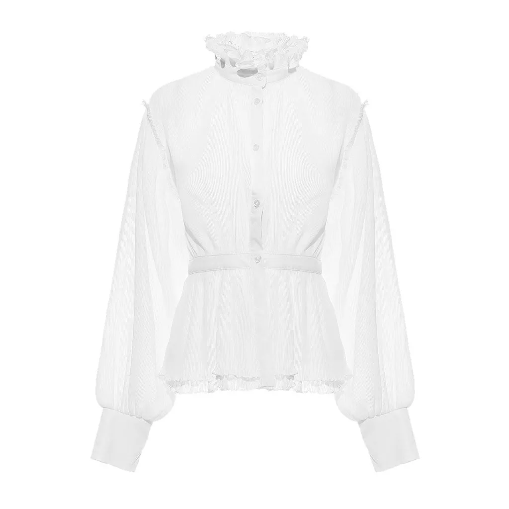 Sheer Ruffled High Neck Puff Sleeve Button Down Pleated Peplum Blouse