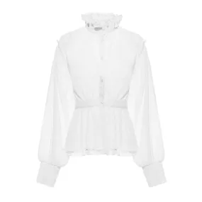 Sheer Ruffled High Neck Puff Sleeve Button Down Pleated Peplum Blouse