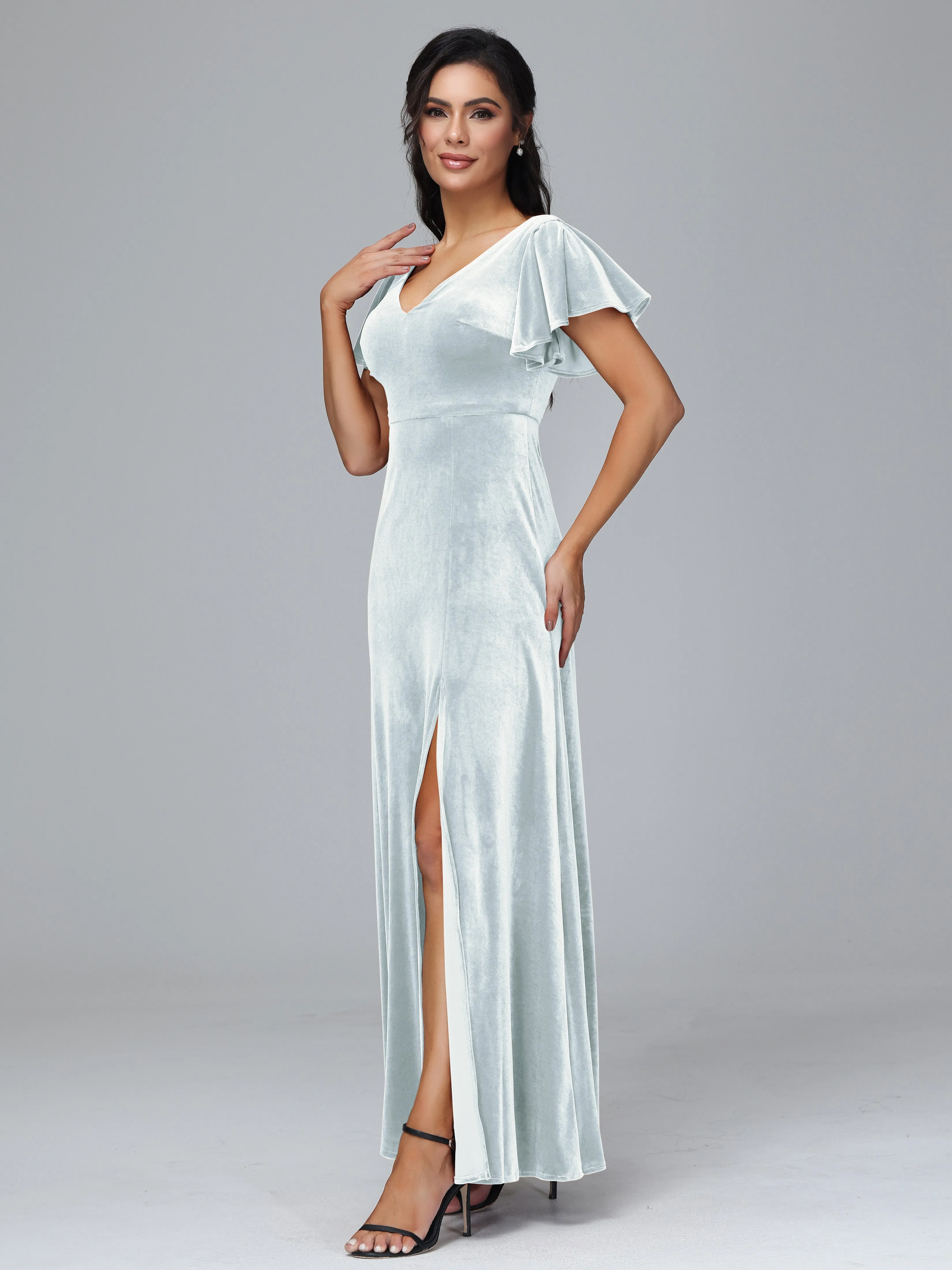 Short Sleeves Long Velvet Bridesmaid Dresses With Split