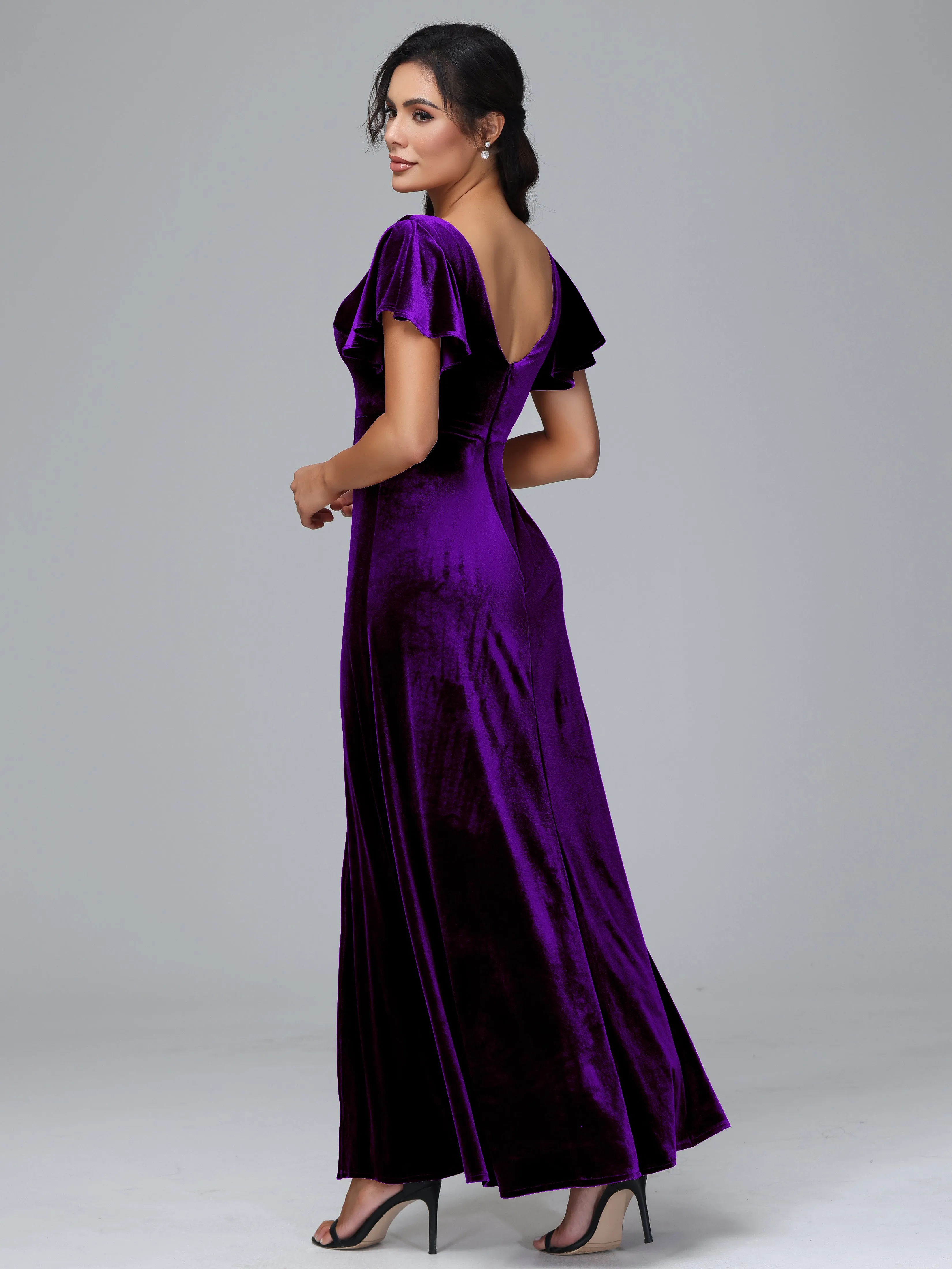 Short Sleeves Long Velvet Bridesmaid Dresses With Split