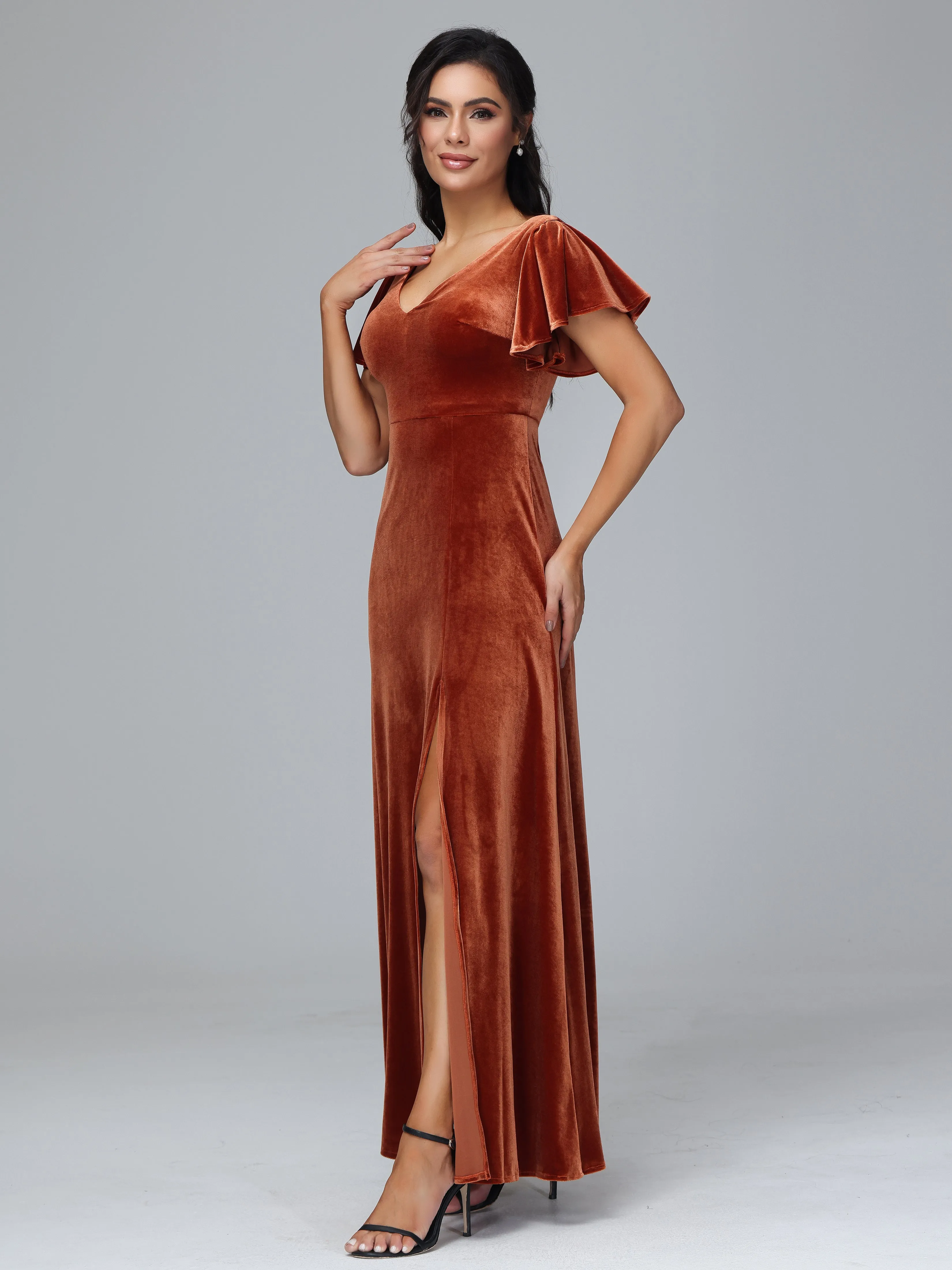 Short Sleeves Long Velvet Bridesmaid Dresses With Split