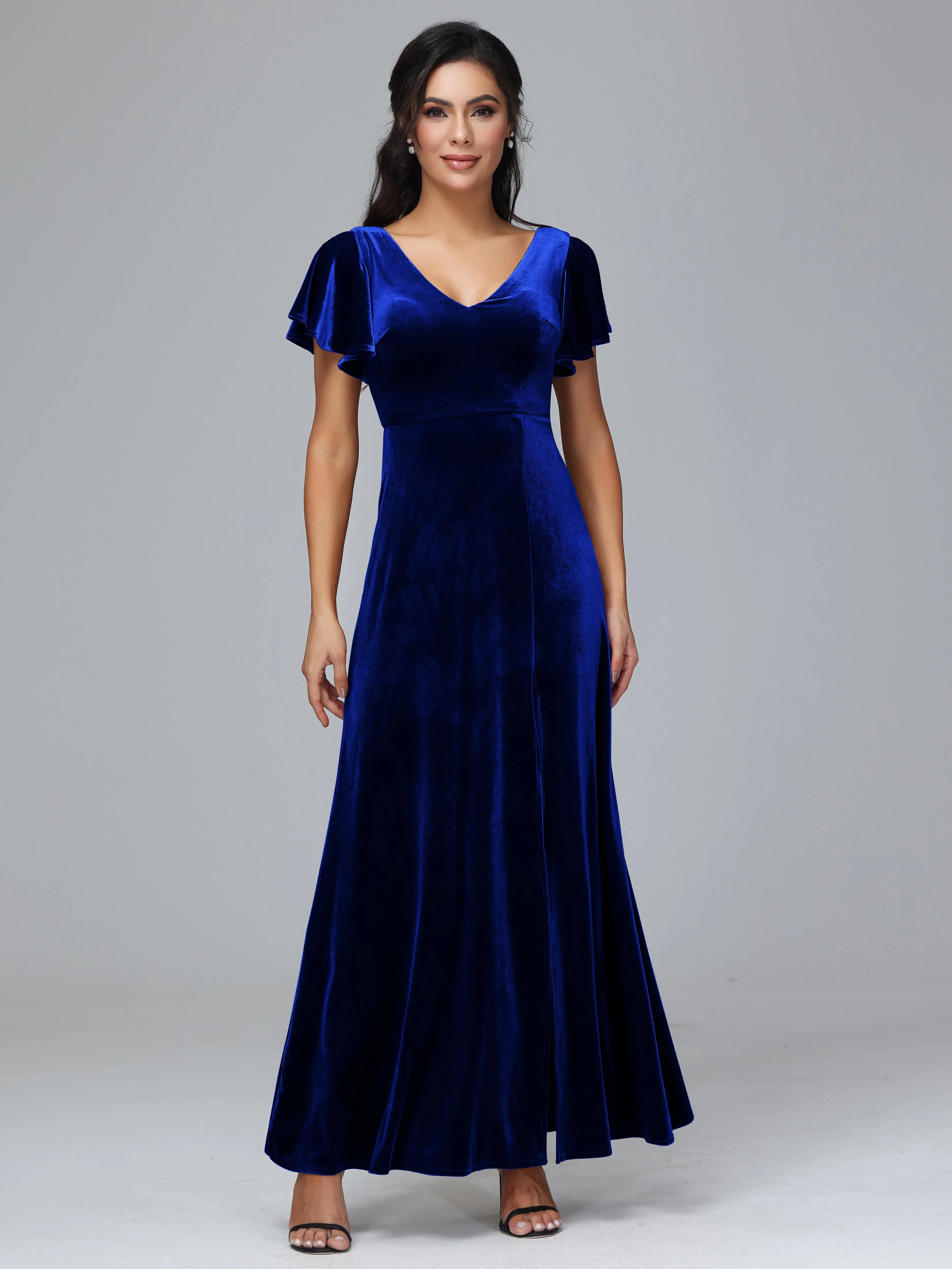 Short Sleeves Long Velvet Bridesmaid Dresses With Split