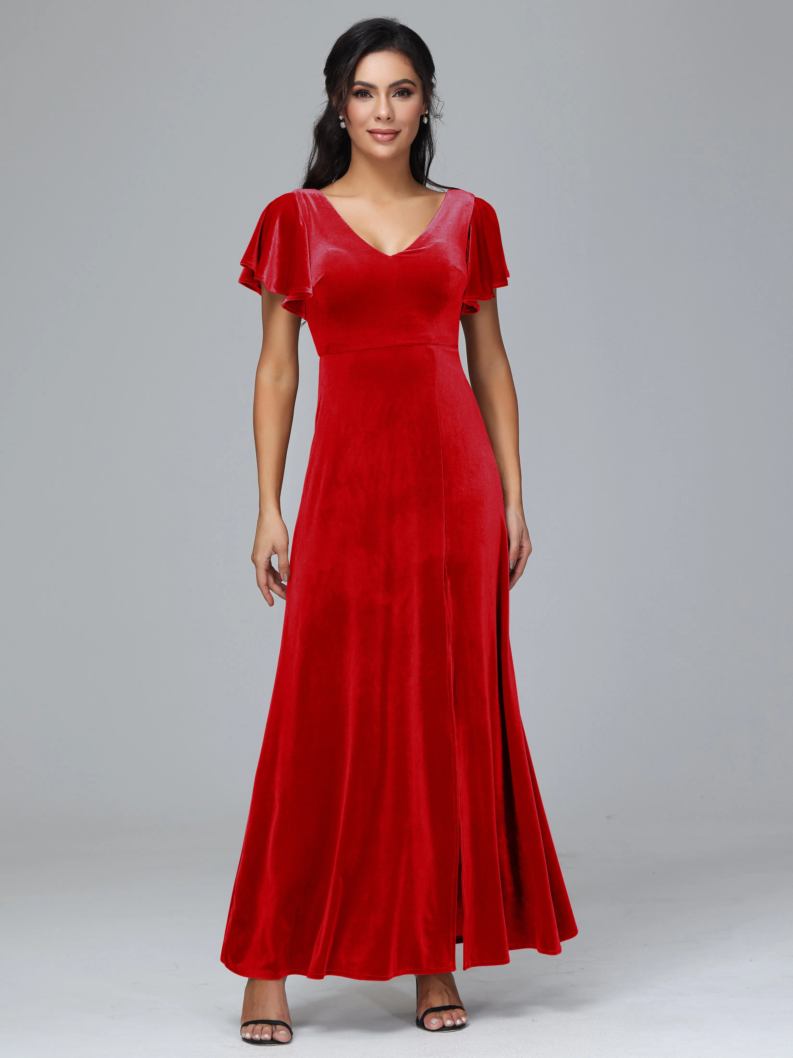 Short Sleeves Long Velvet Bridesmaid Dresses With Split