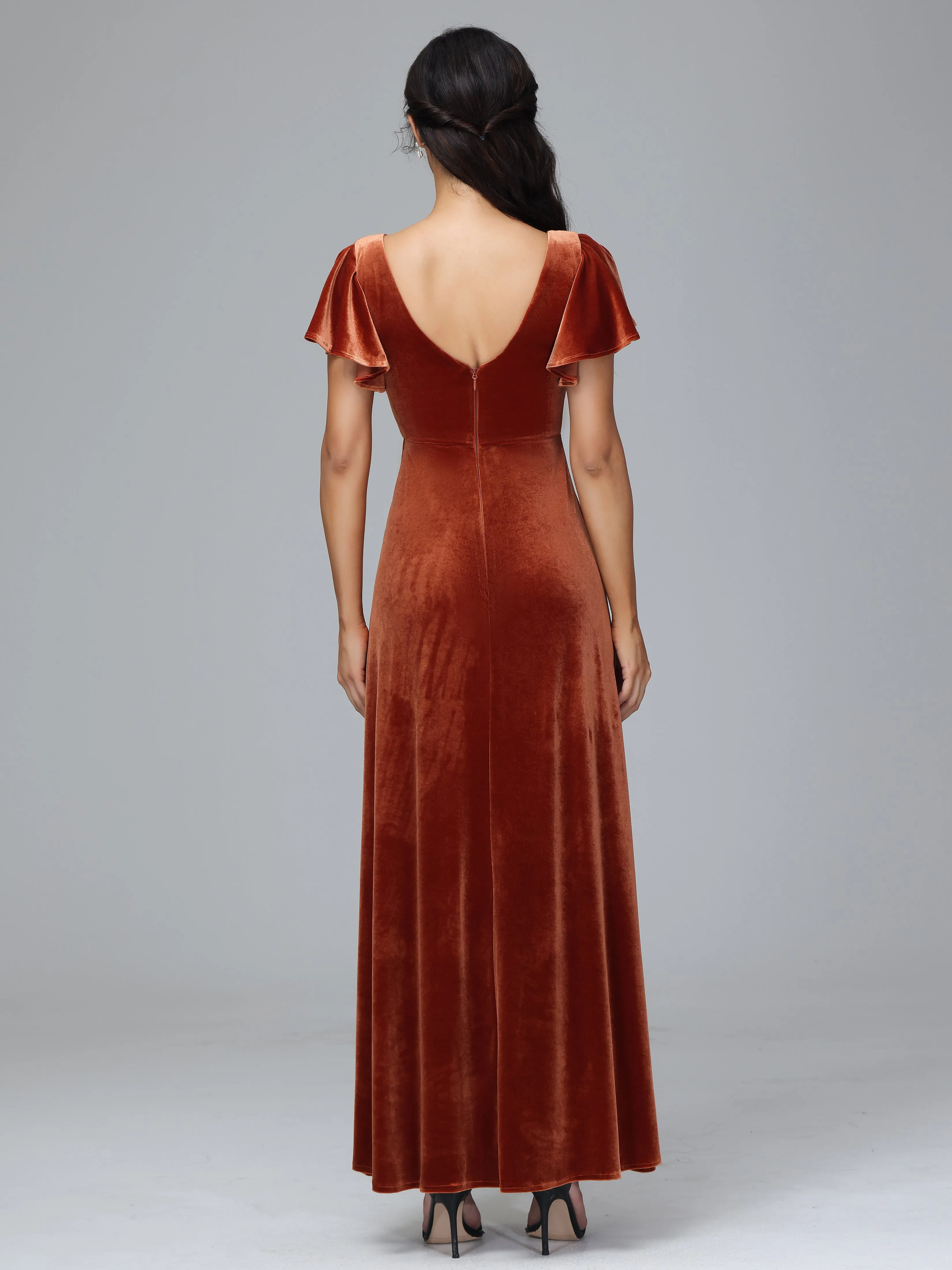 Short Sleeves Long Velvet Bridesmaid Dresses With Split