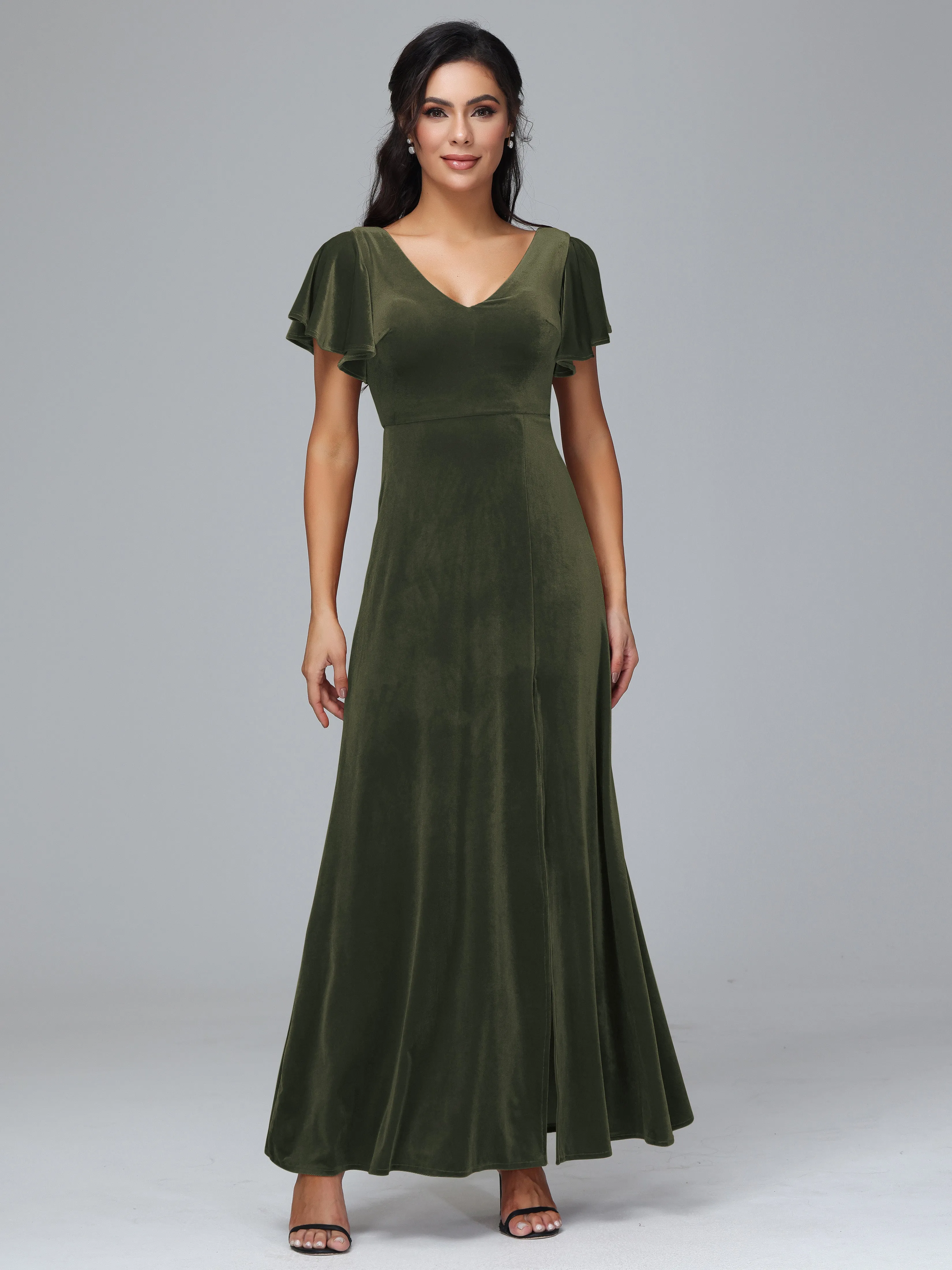 Short Sleeves Long Velvet Bridesmaid Dresses With Split