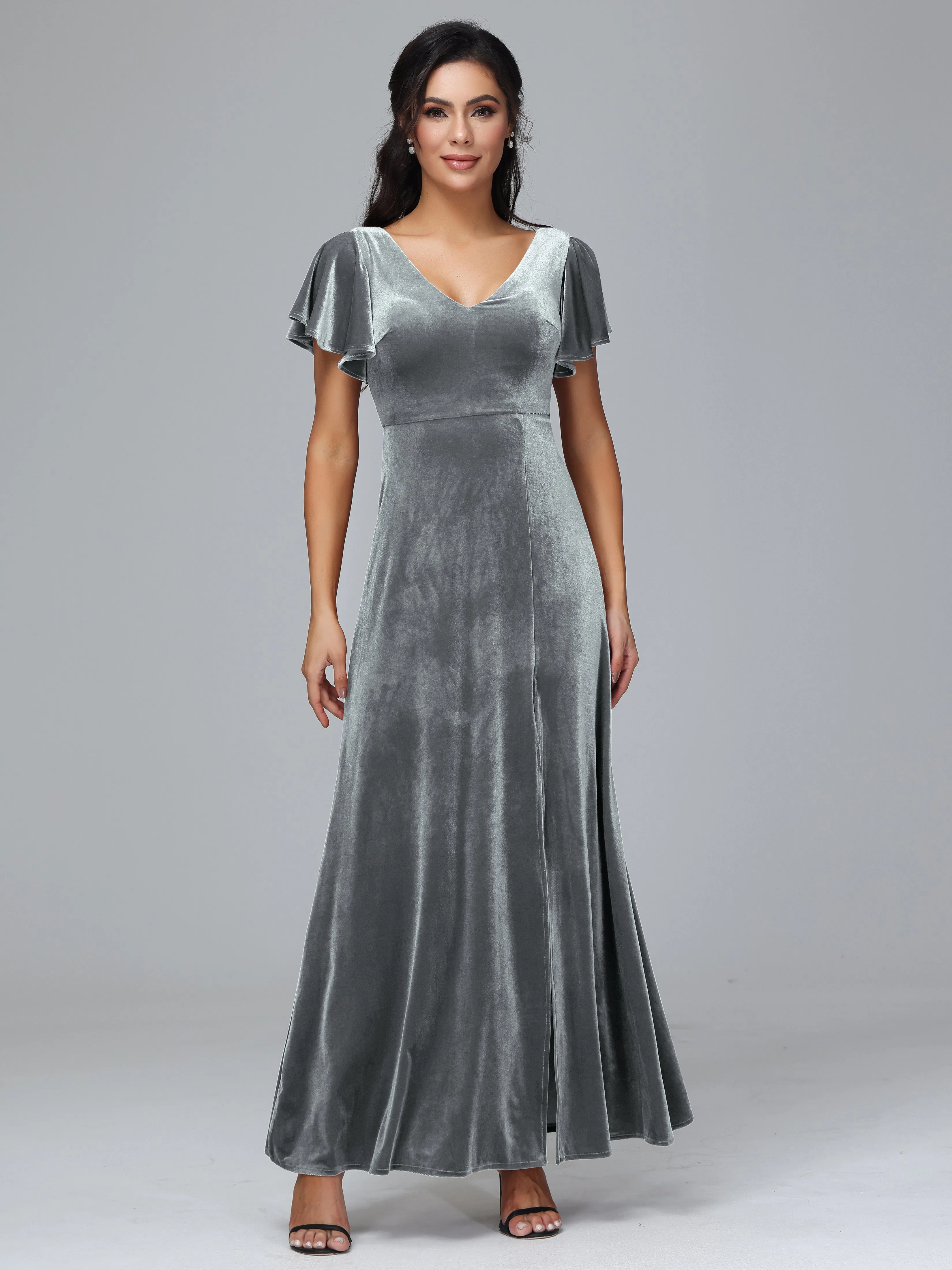 Short Sleeves Long Velvet Bridesmaid Dresses With Split