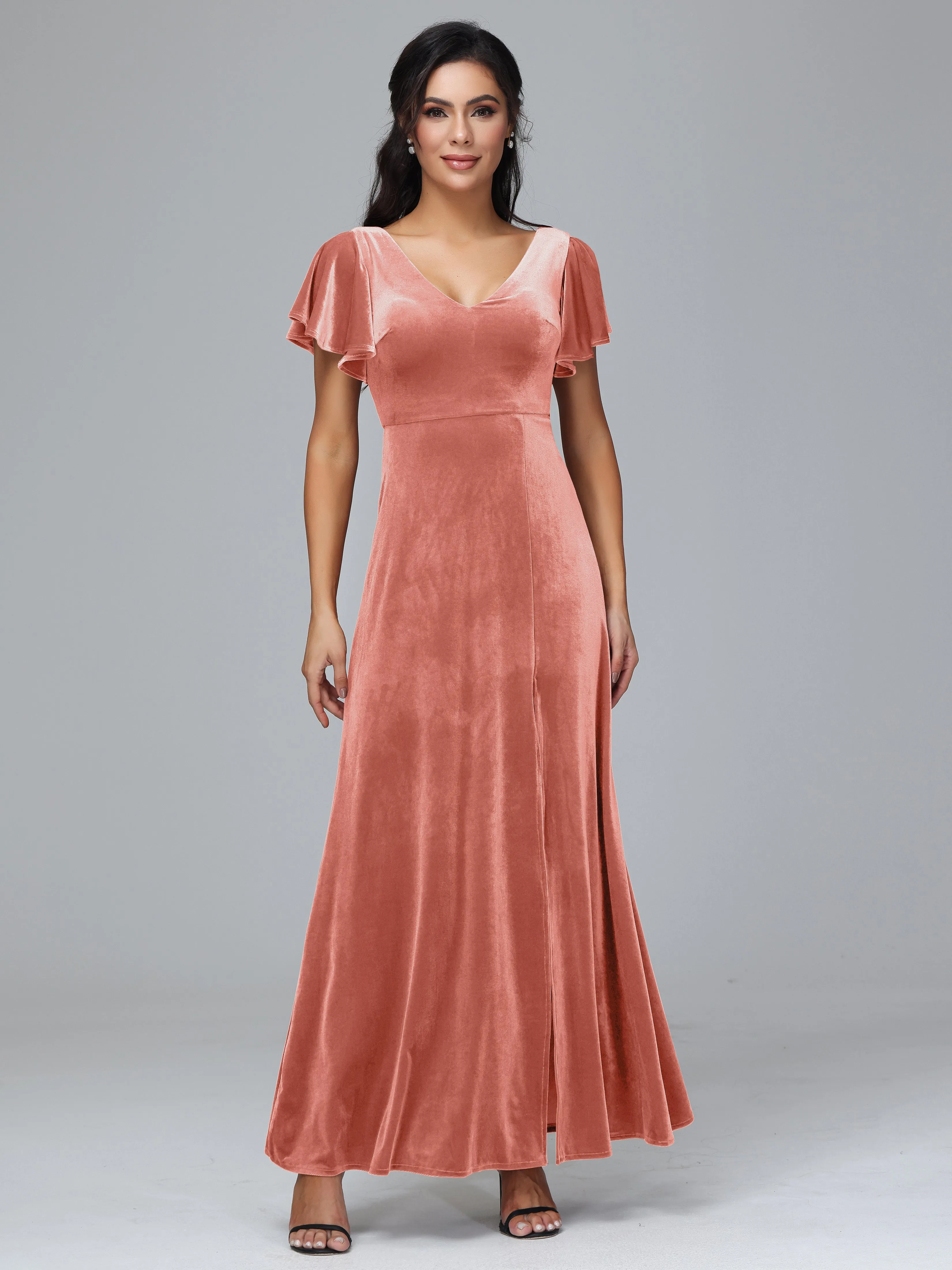 Short Sleeves Long Velvet Bridesmaid Dresses With Split