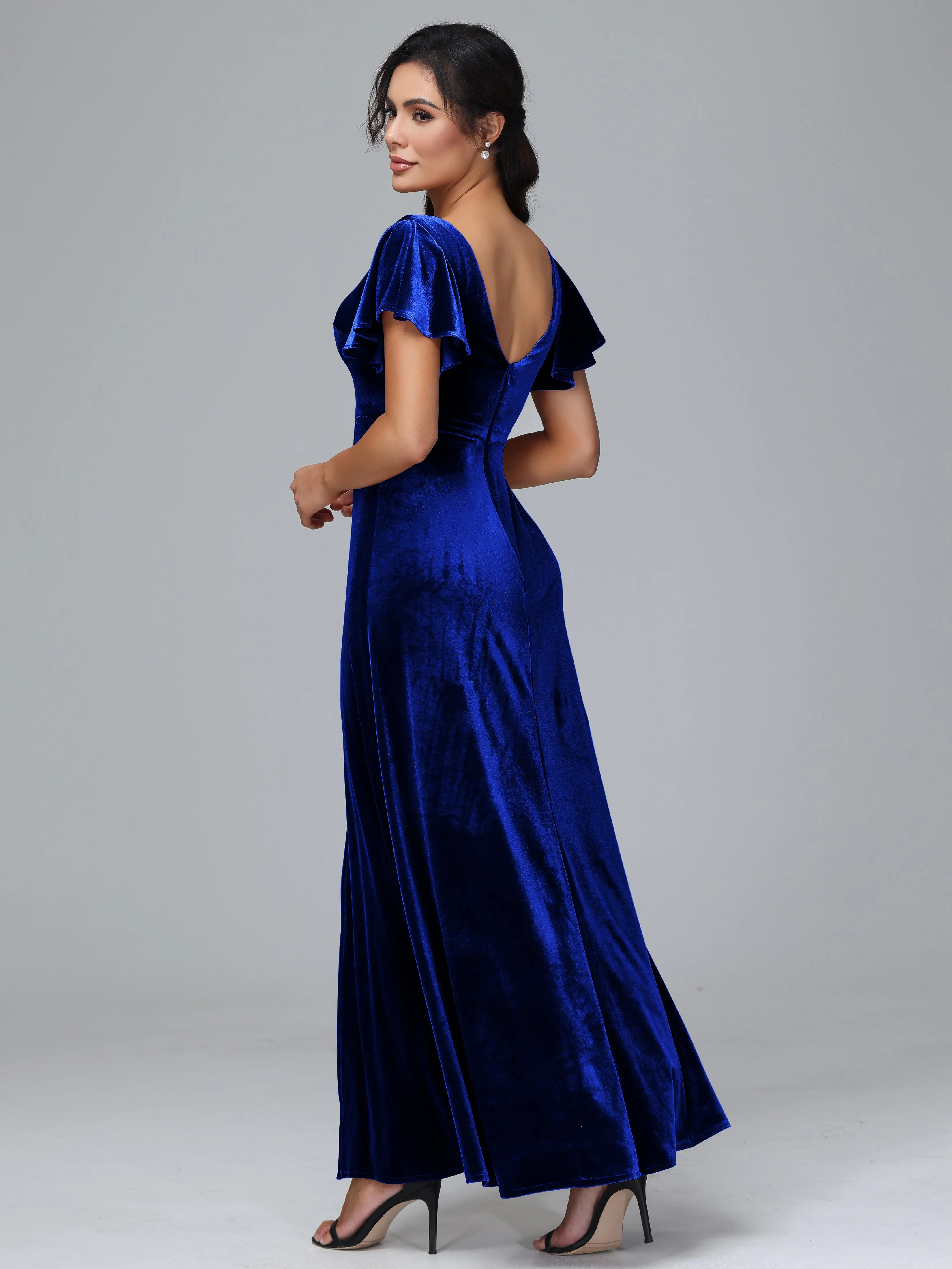 Short Sleeves Long Velvet Bridesmaid Dresses With Split