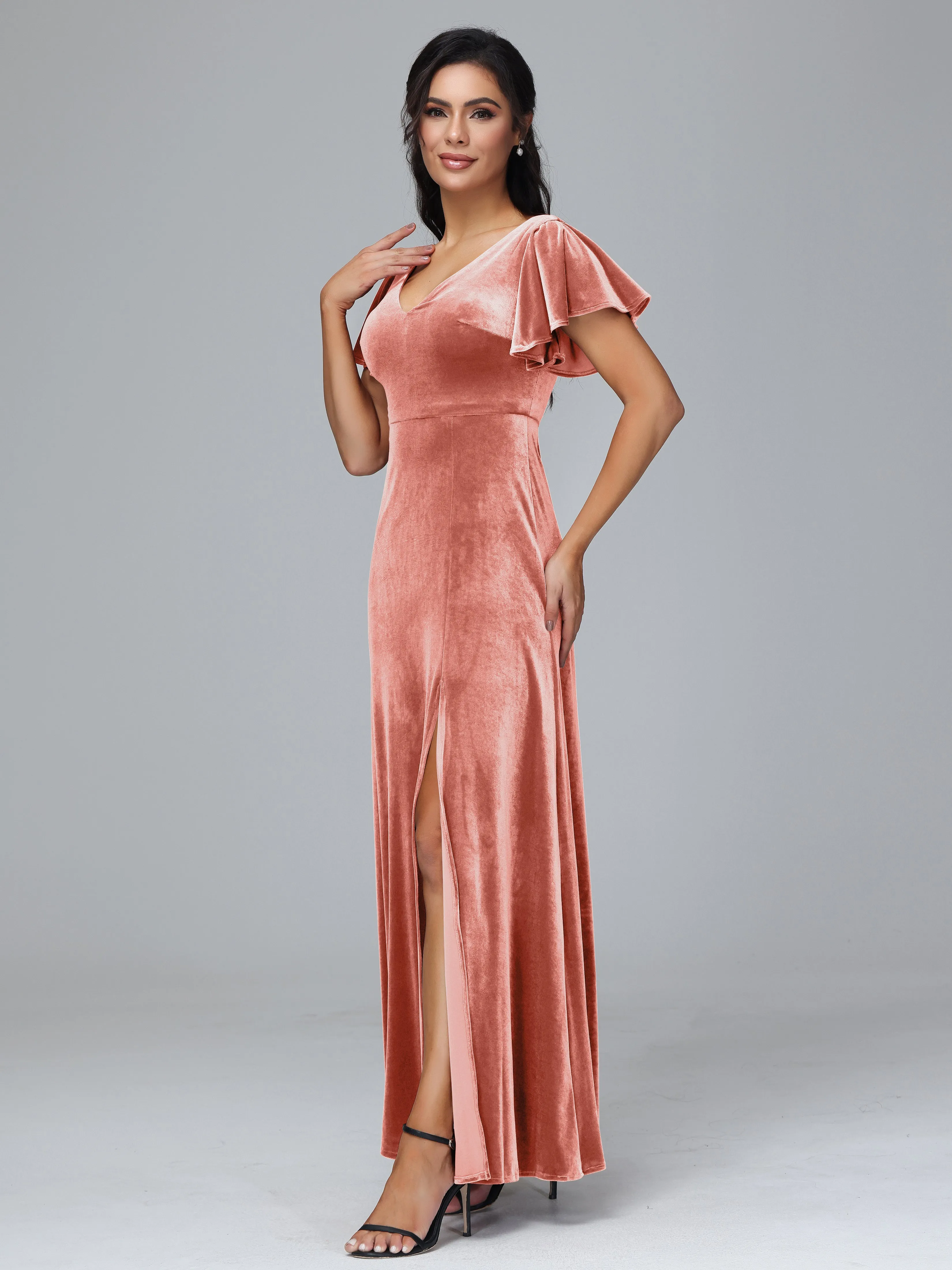 Short Sleeves Long Velvet Bridesmaid Dresses With Split