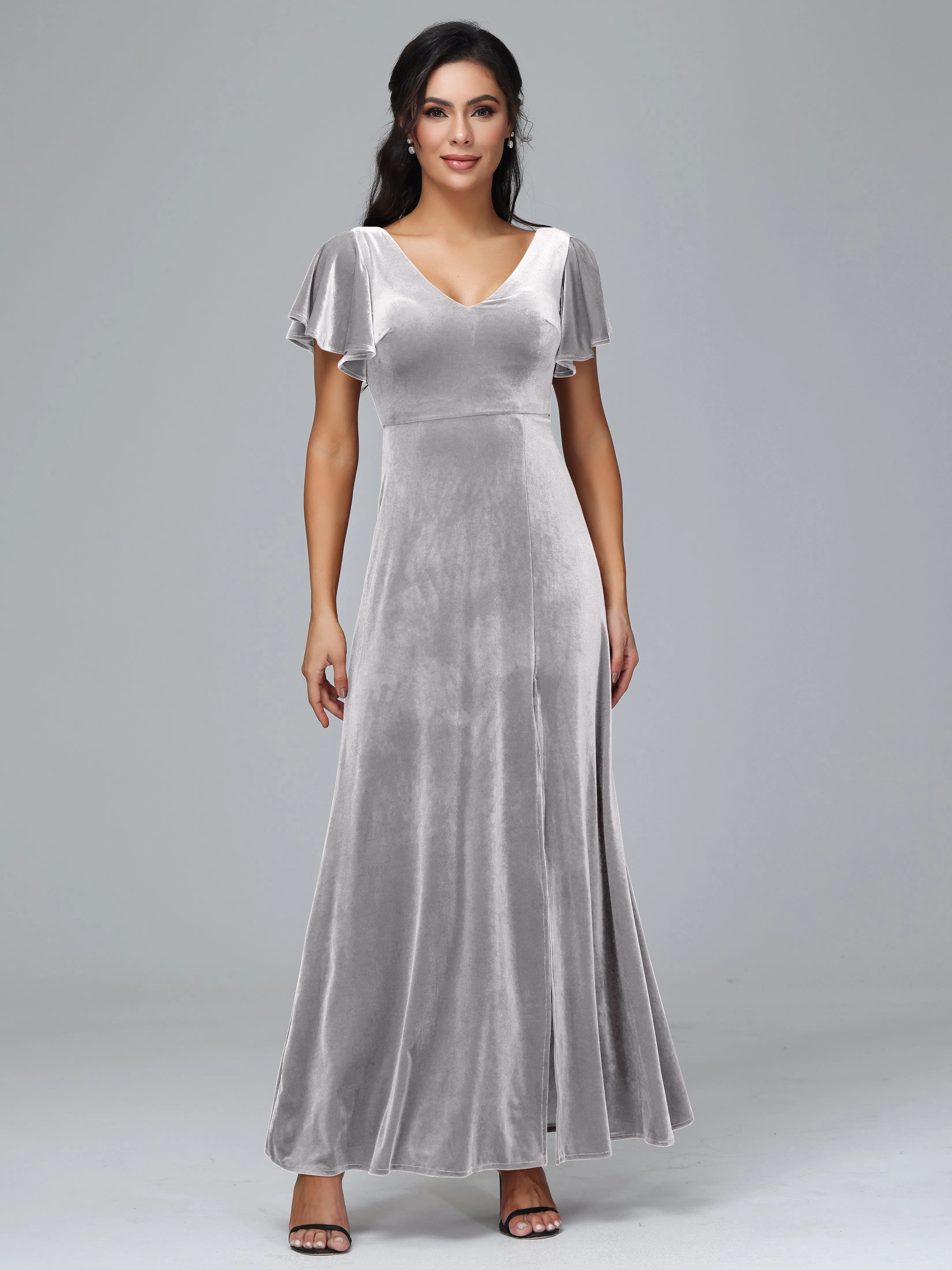 Short Sleeves Long Velvet Bridesmaid Dresses With Split