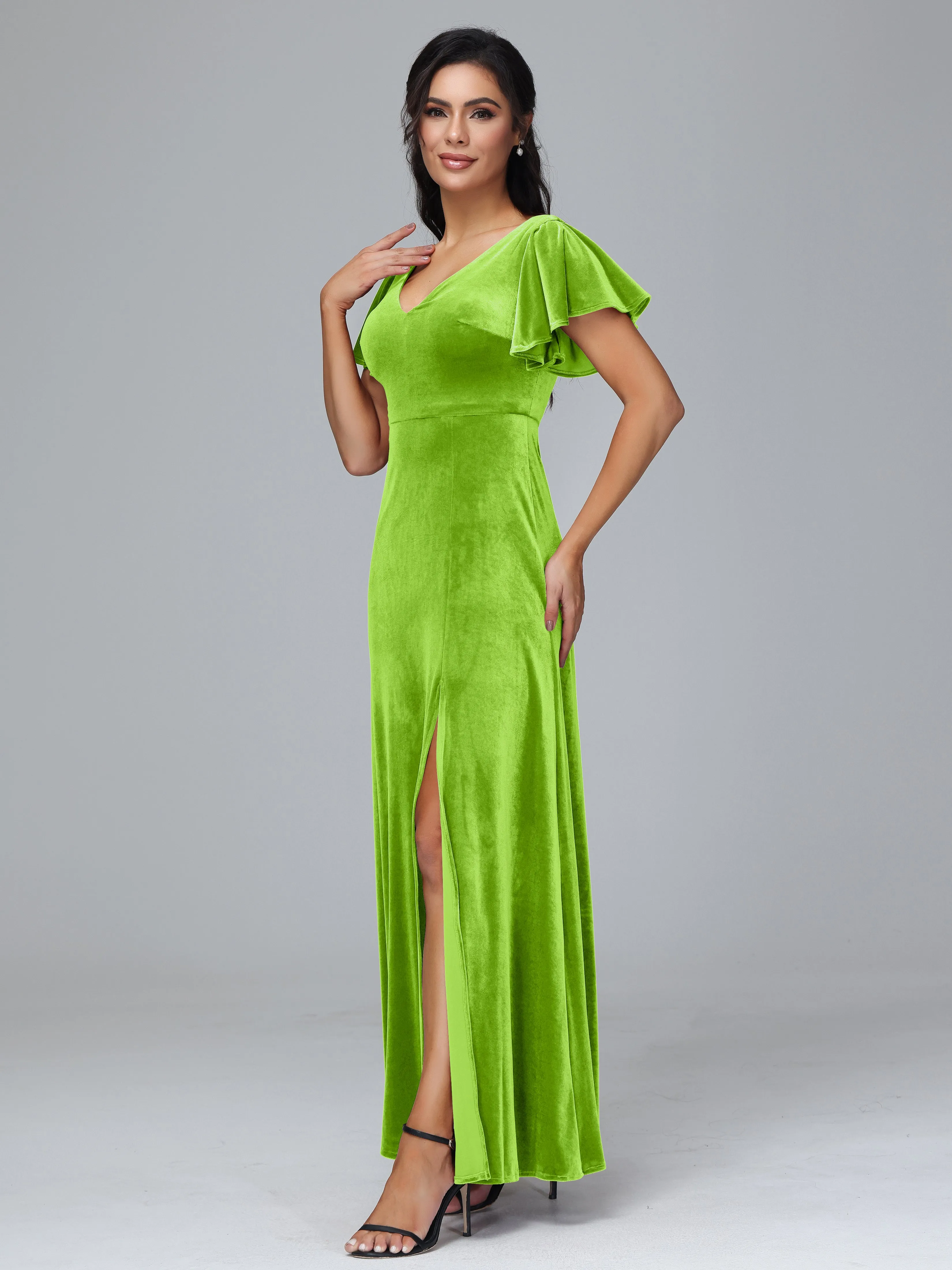 Short Sleeves Long Velvet Bridesmaid Dresses With Split