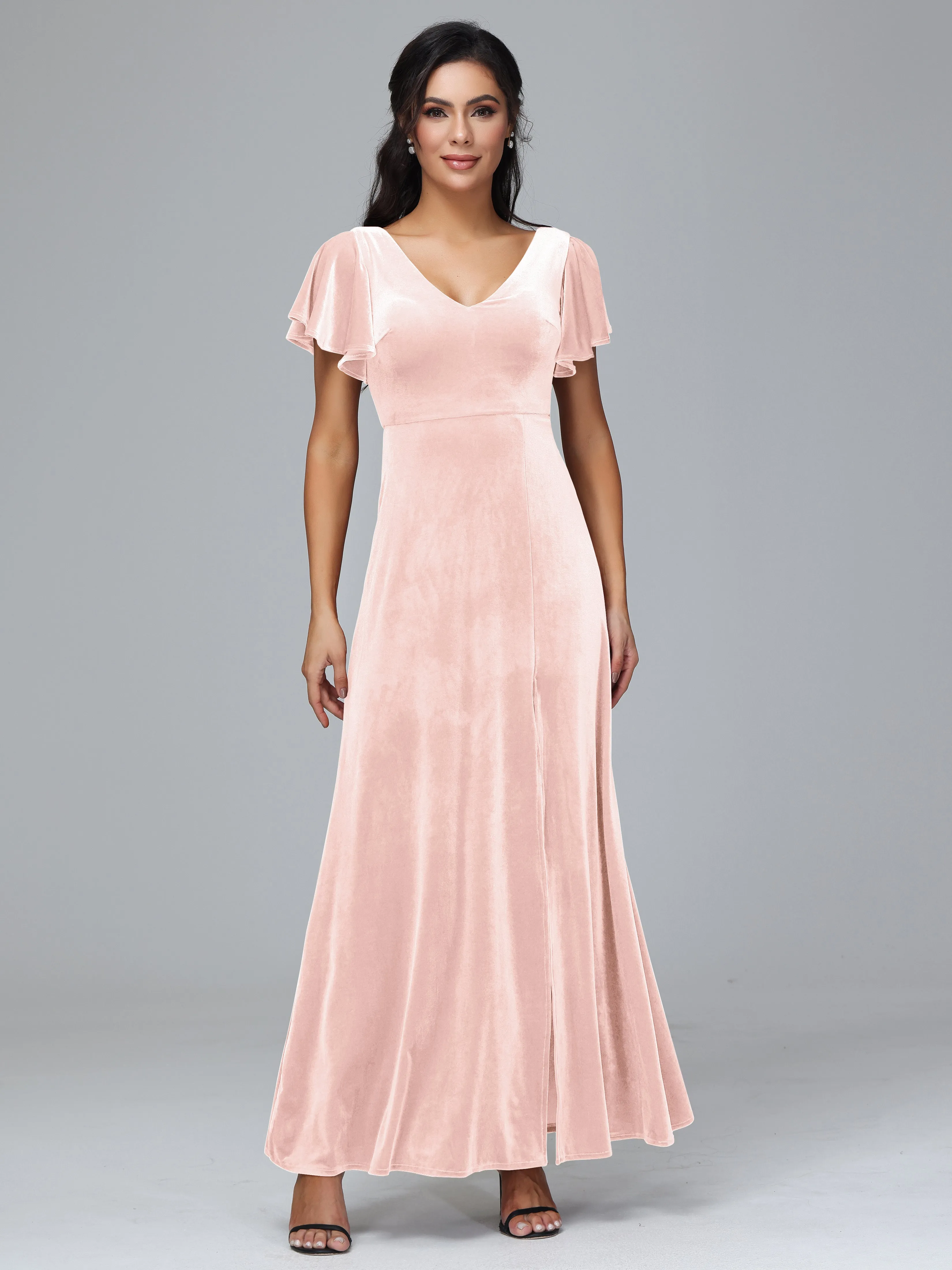 Short Sleeves Long Velvet Bridesmaid Dresses With Split