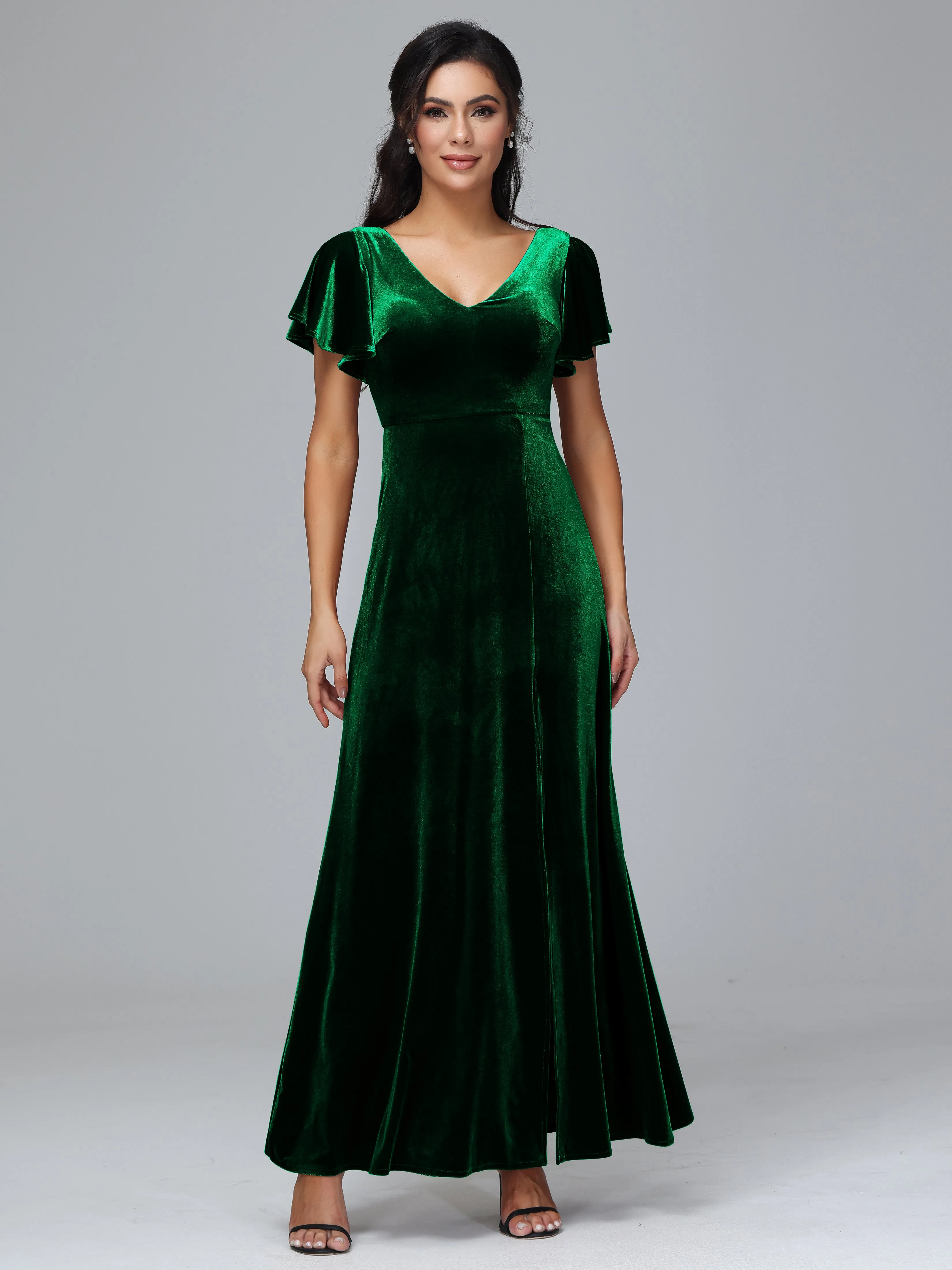 Short Sleeves Long Velvet Bridesmaid Dresses With Split