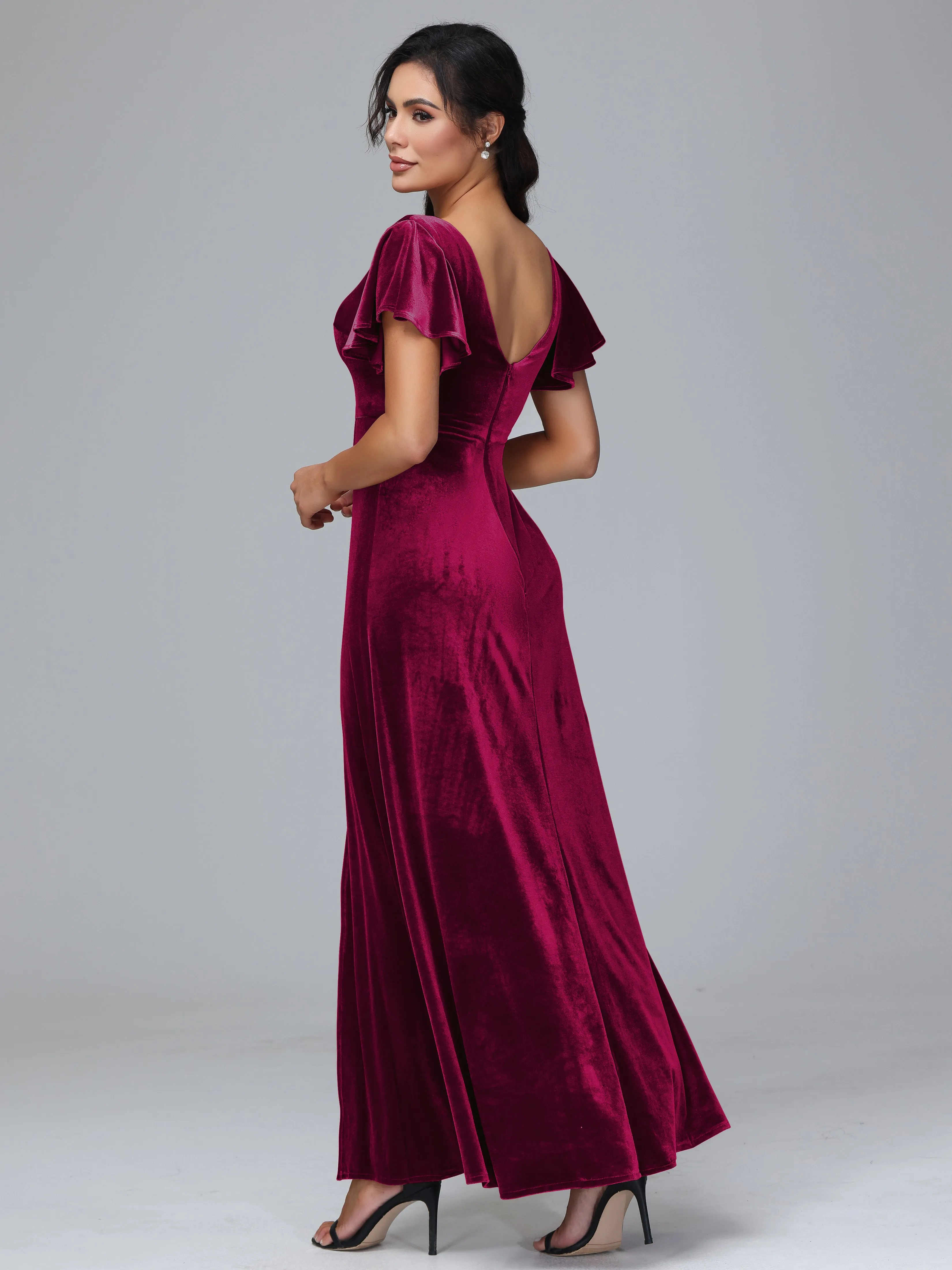 Short Sleeves Long Velvet Bridesmaid Dresses With Split