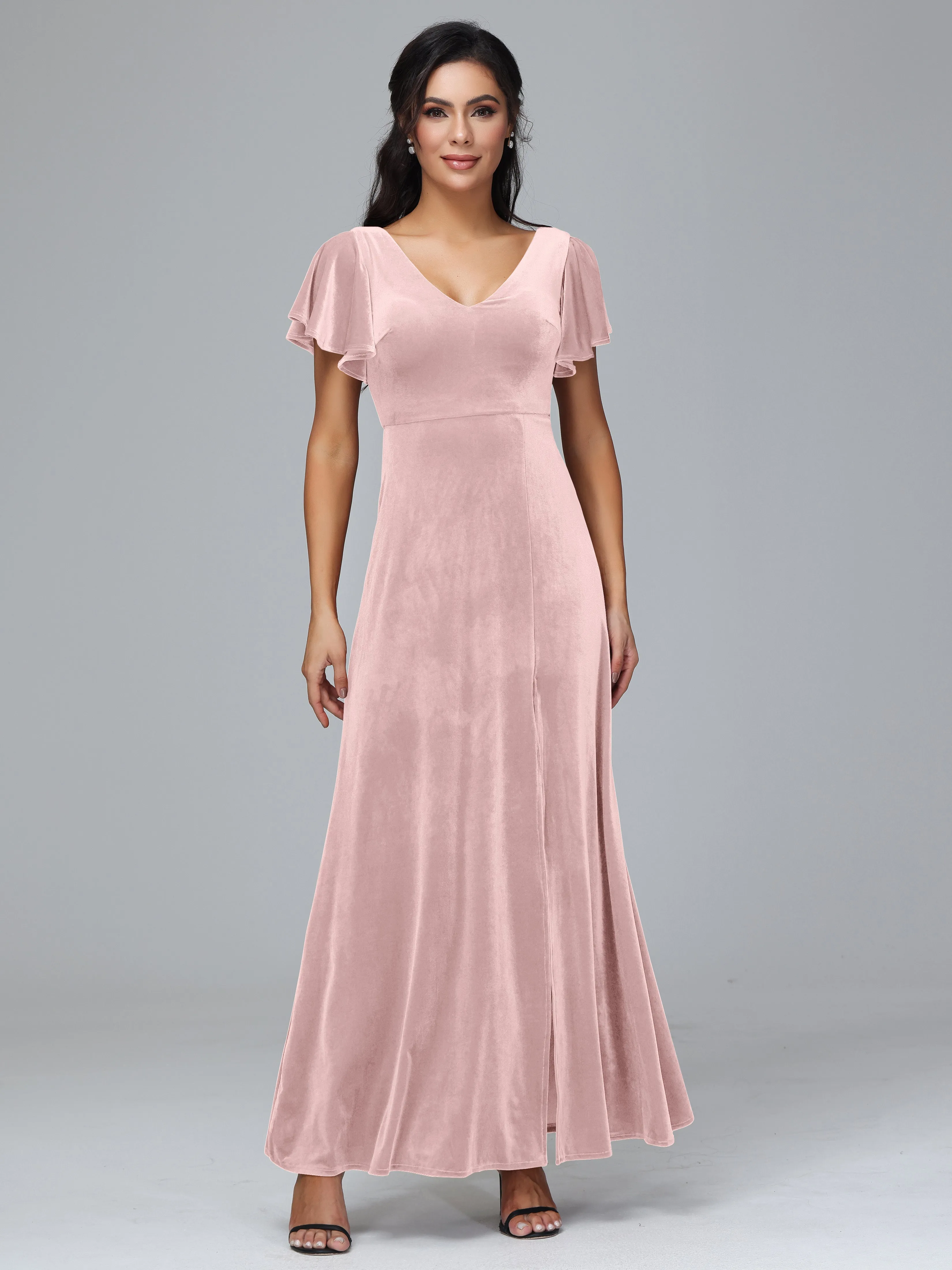 Short Sleeves Long Velvet Bridesmaid Dresses With Split