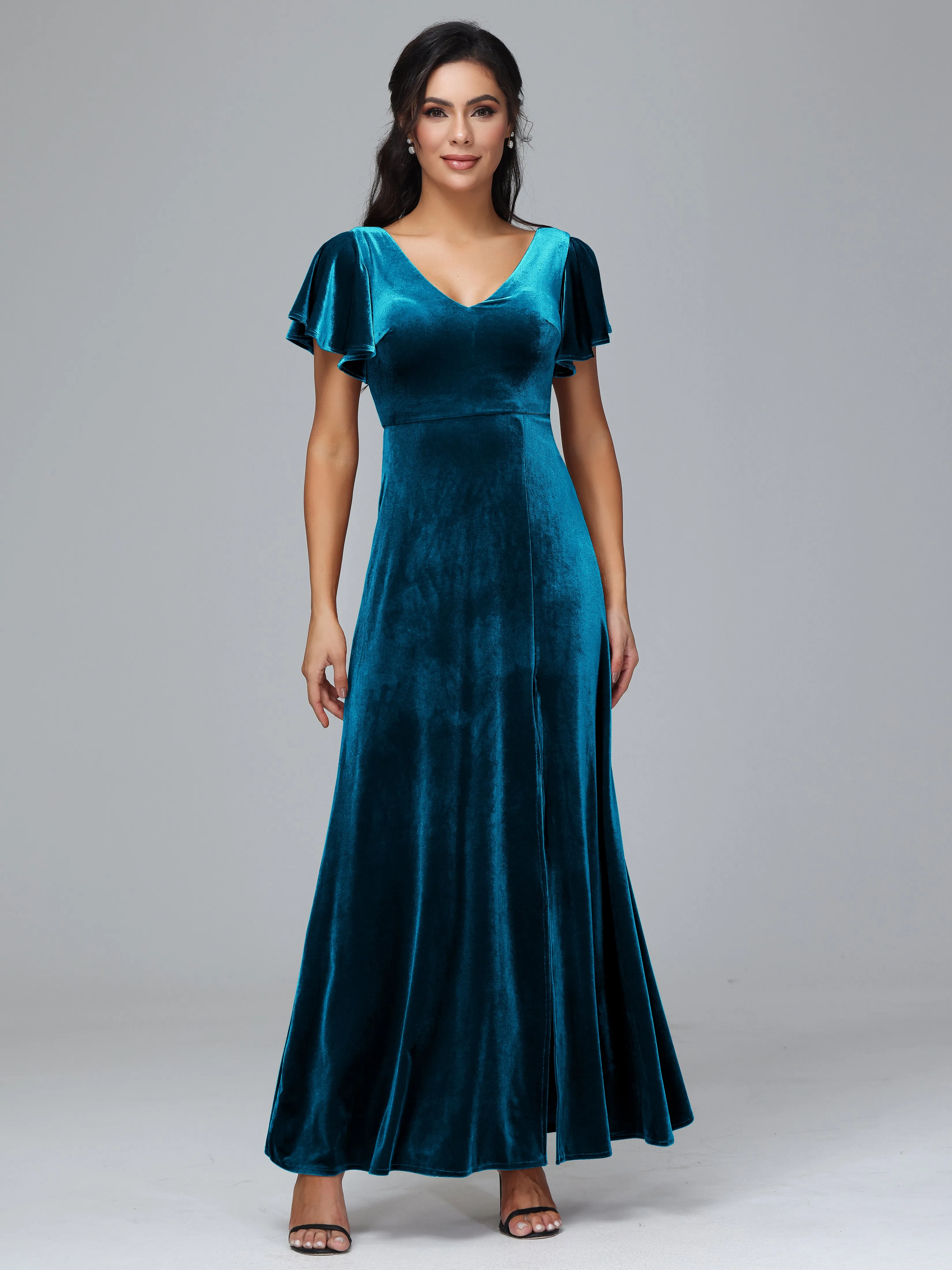 Short Sleeves Long Velvet Bridesmaid Dresses With Split