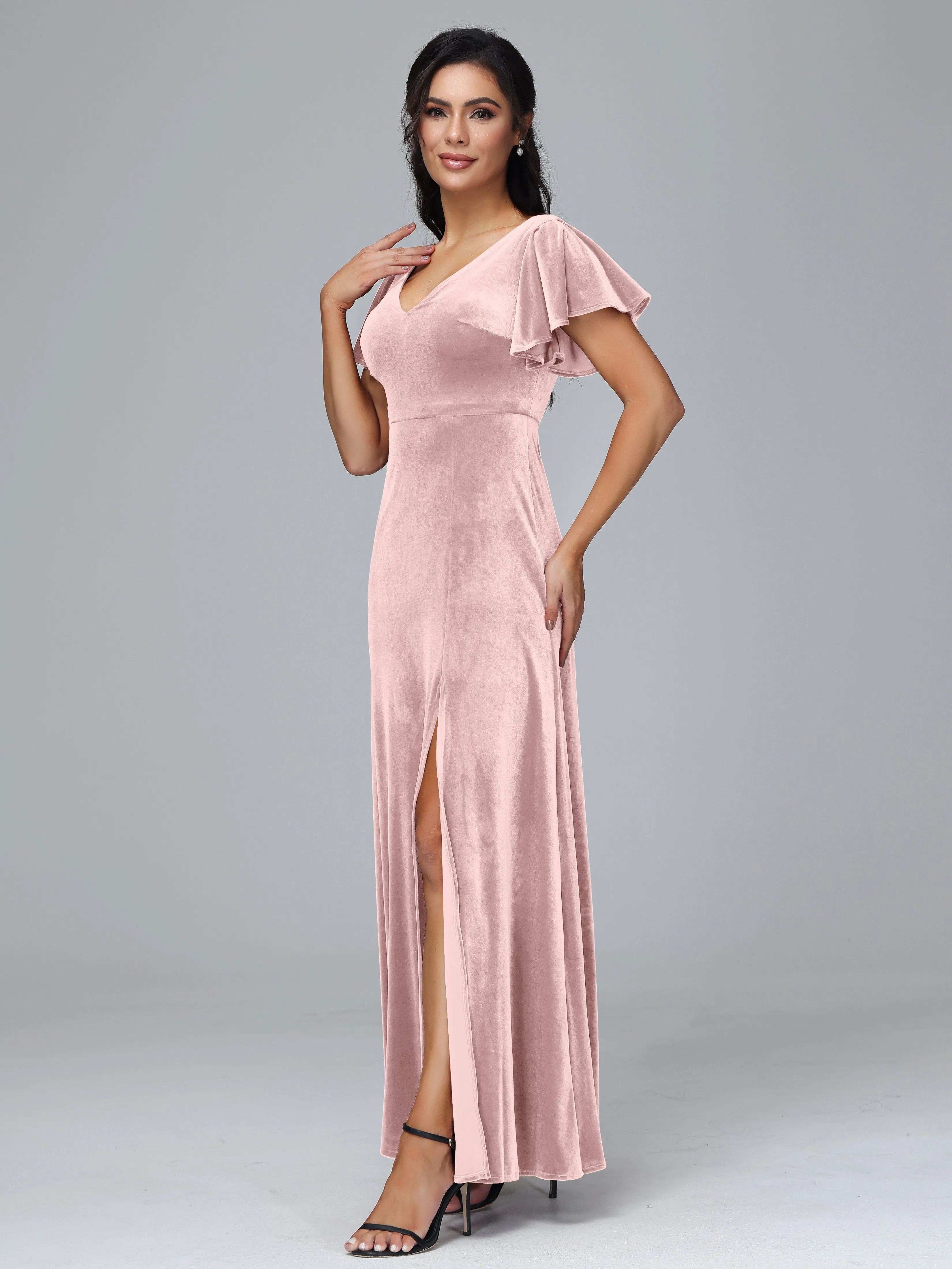 Short Sleeves Long Velvet Bridesmaid Dresses With Split