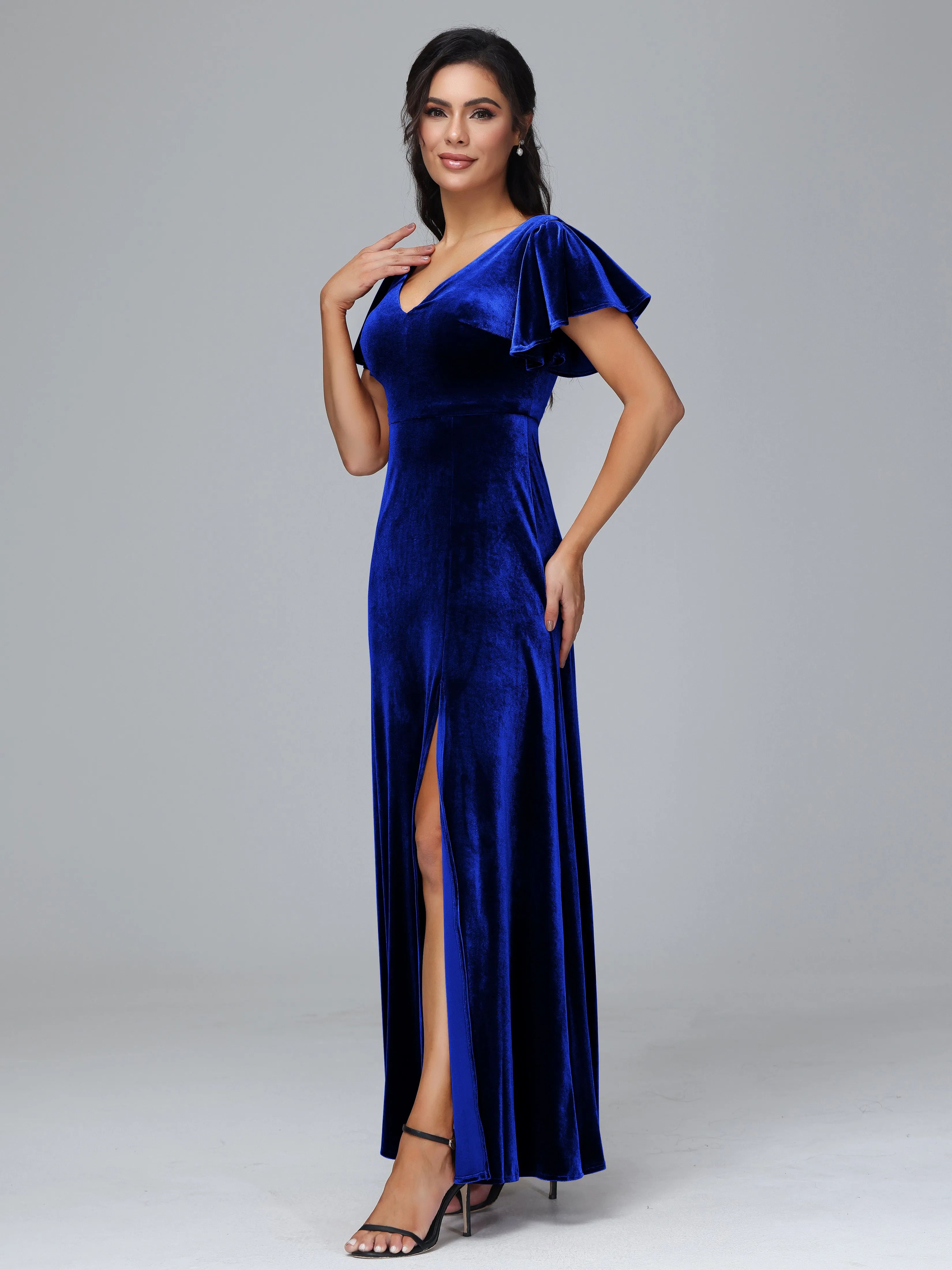 Short Sleeves Long Velvet Bridesmaid Dresses With Split