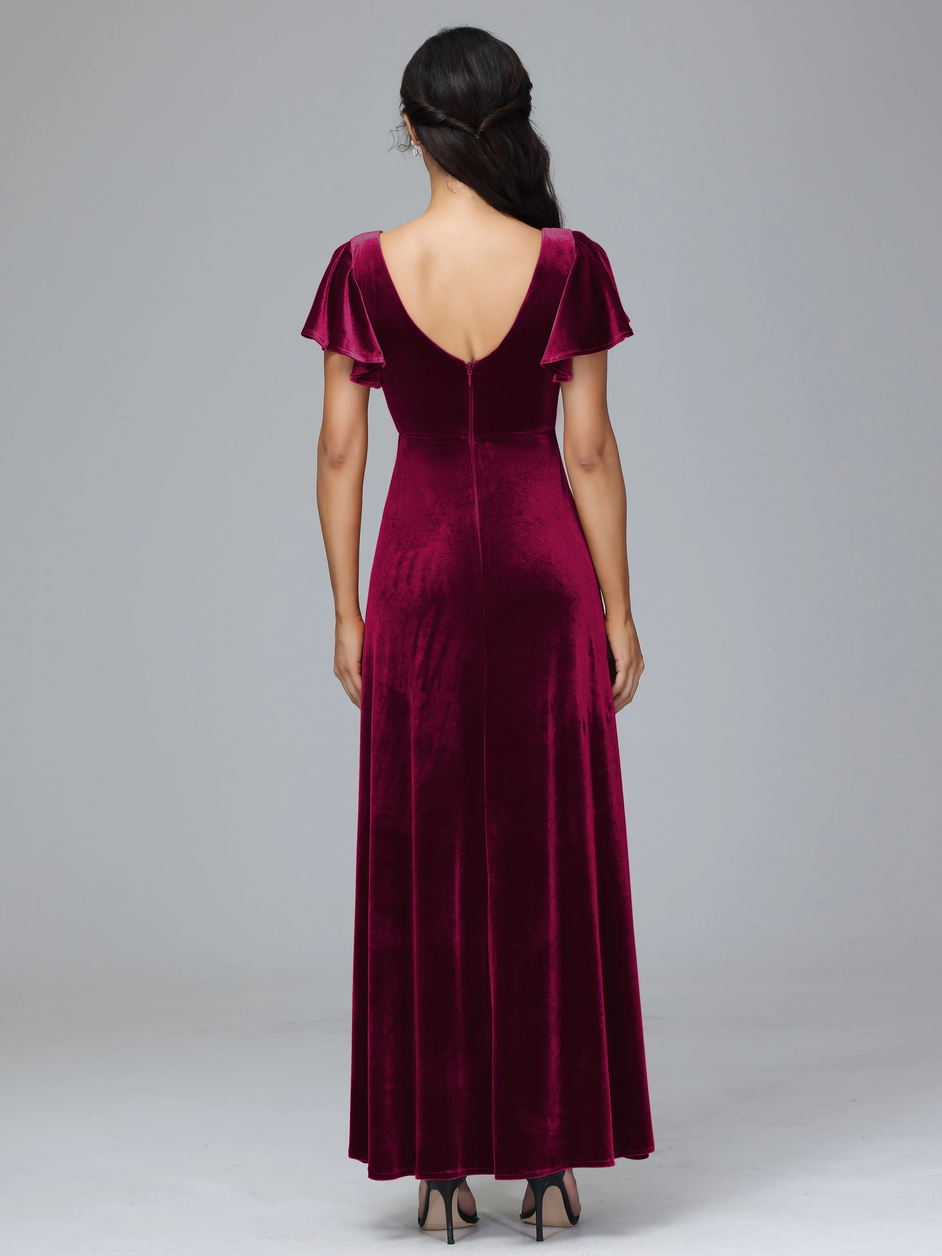 Short Sleeves Long Velvet Bridesmaid Dresses With Split