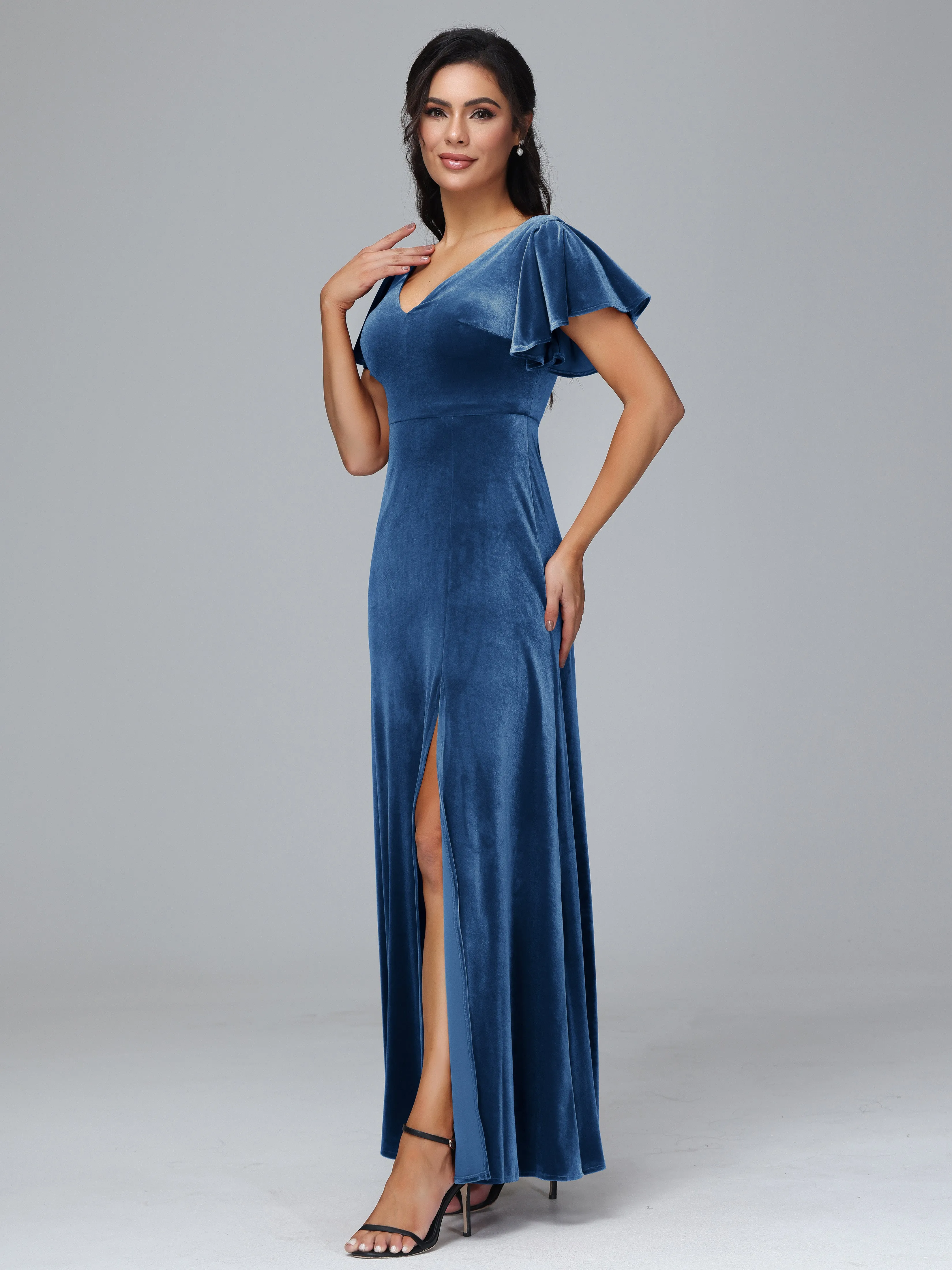 Short Sleeves Long Velvet Bridesmaid Dresses With Split