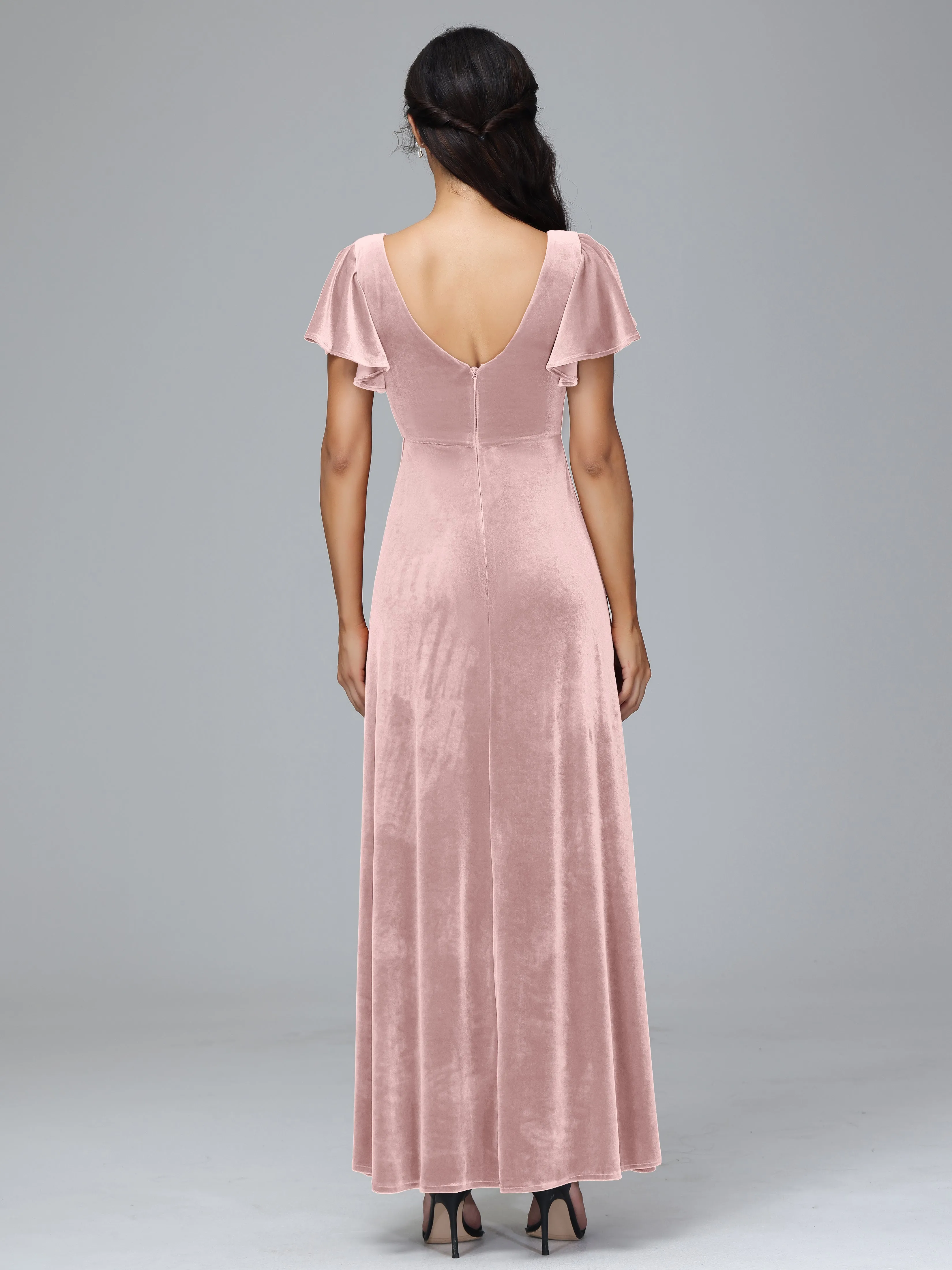 Short Sleeves Long Velvet Bridesmaid Dresses With Split