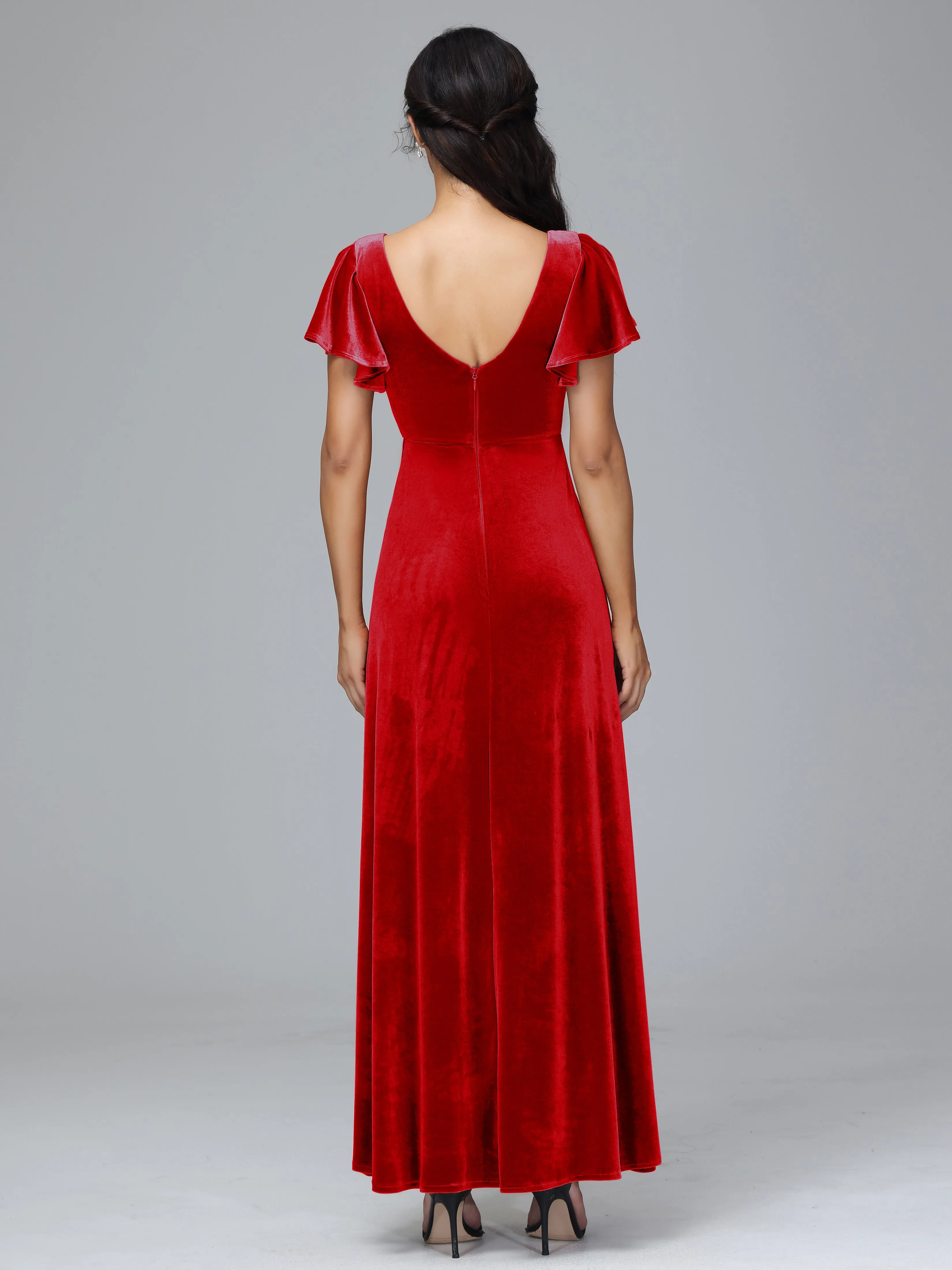 Short Sleeves Long Velvet Bridesmaid Dresses With Split