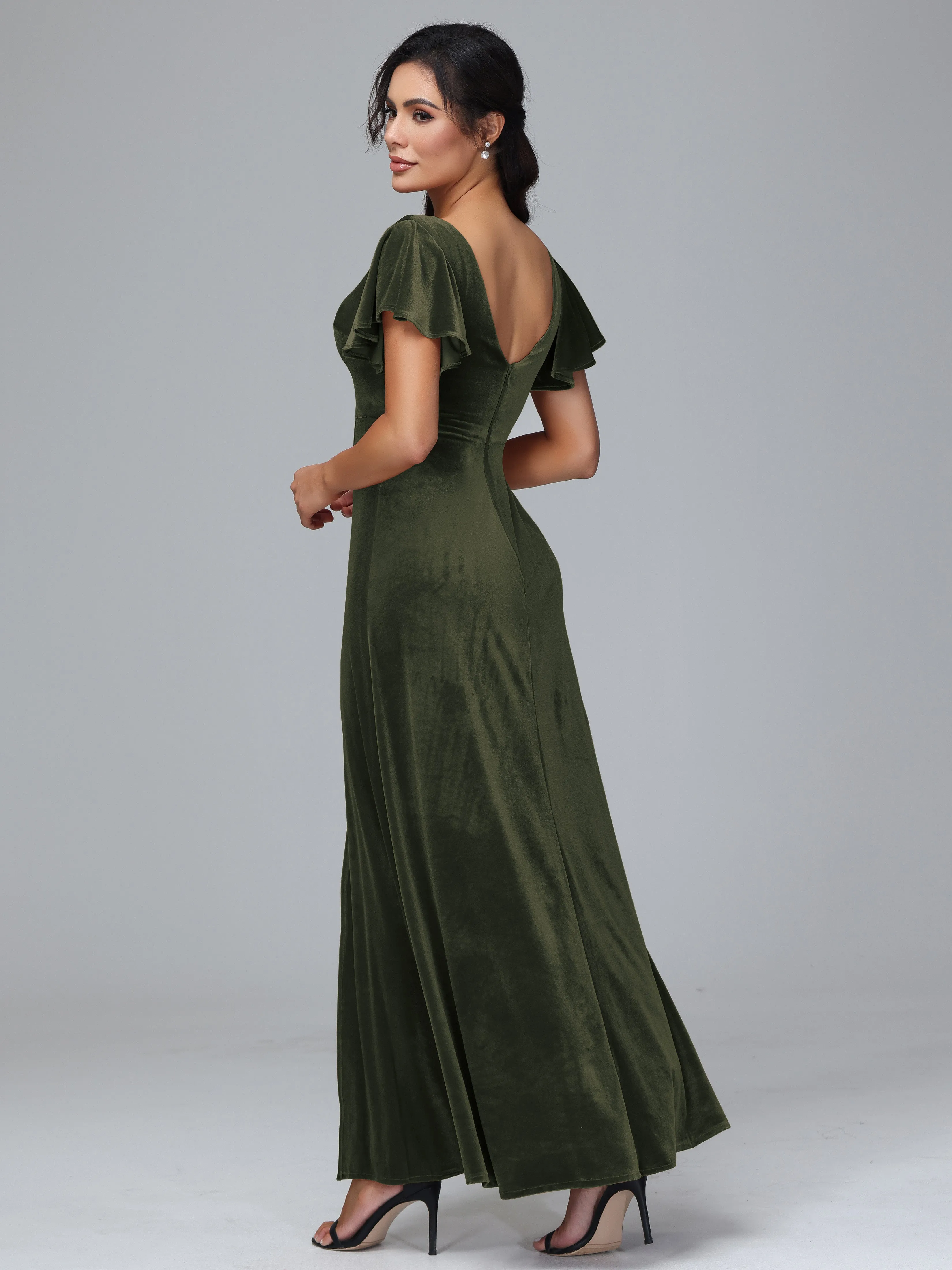 Short Sleeves Long Velvet Bridesmaid Dresses With Split