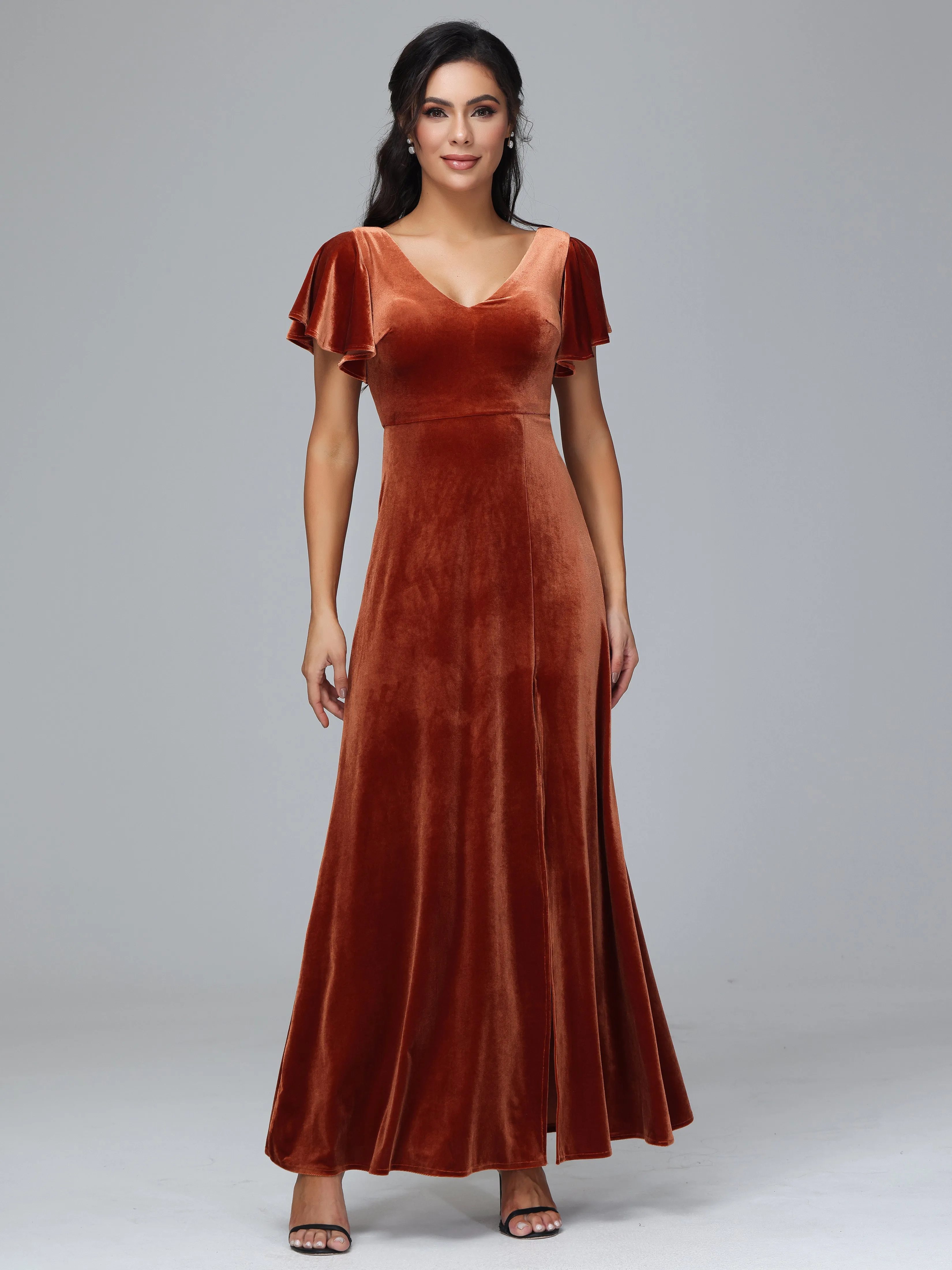 Short Sleeves Long Velvet Bridesmaid Dresses With Split