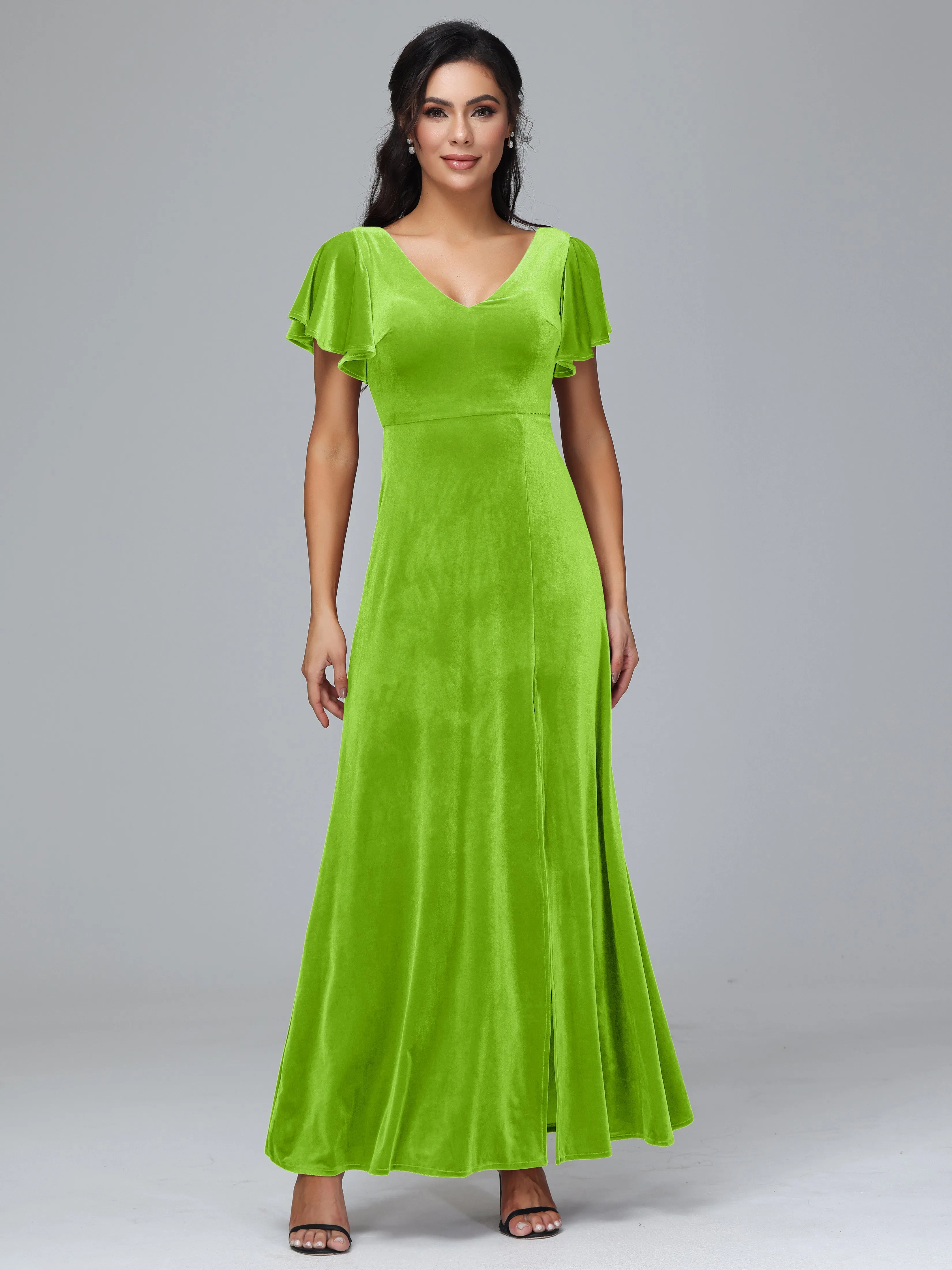 Short Sleeves Long Velvet Bridesmaid Dresses With Split