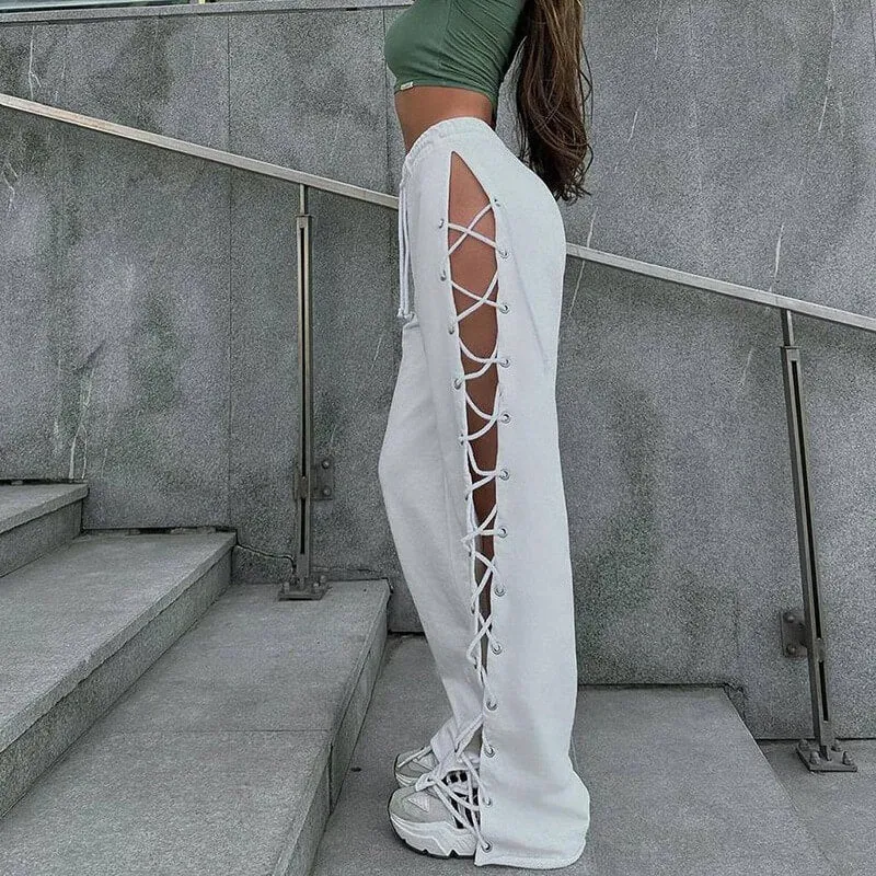 Side Slit Tie-Up Cutout Pants