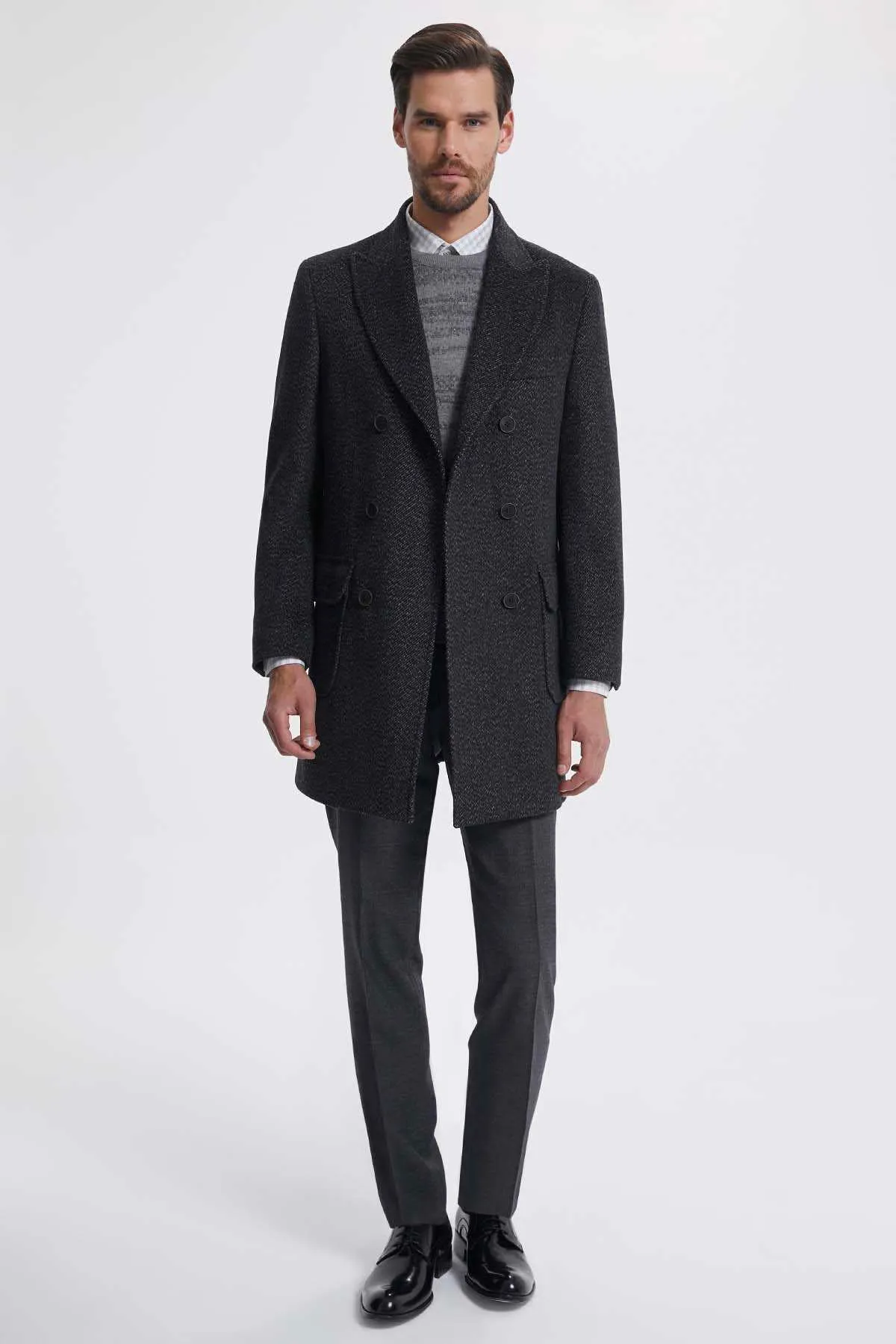 Slim Fit Double Breasted Peak Lapel Wool Gray Overcoat, Gray D.