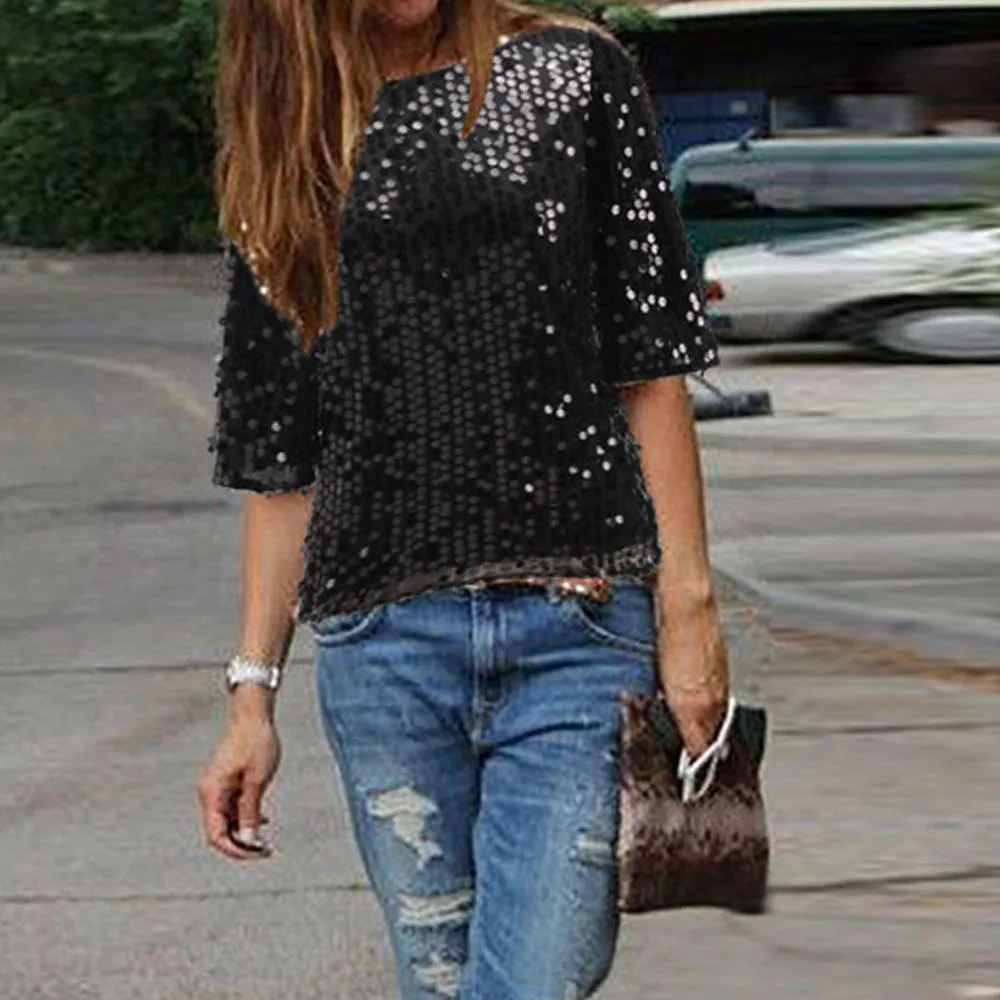 Sparkling Silver Sequin Short Sleeve Top-S/M