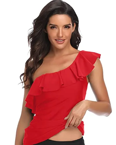 Strapless Bathing Suit Tops Ruched Tummy Control Swimsuit Tops-Red