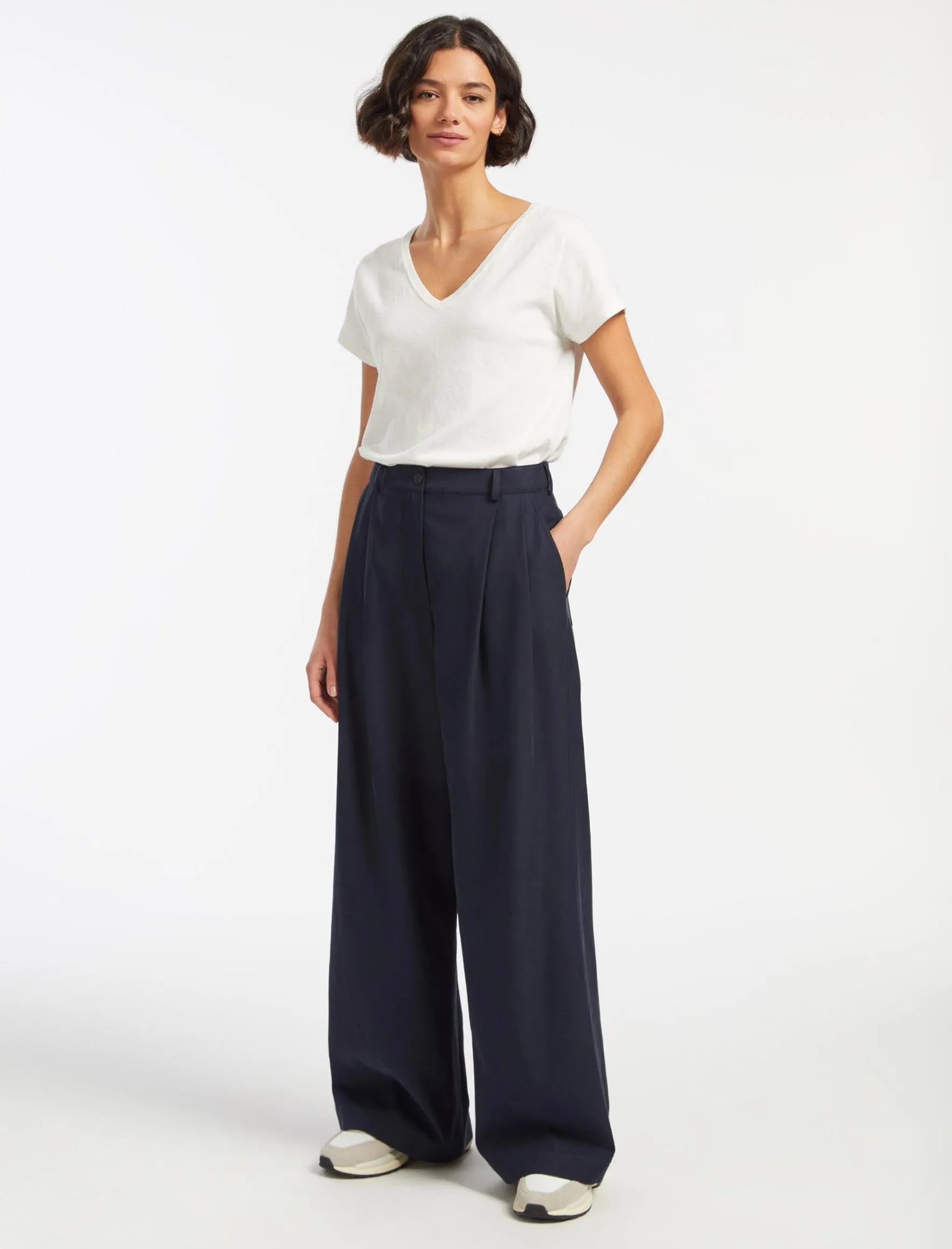 Tamara Cotton Twill Wide Leg Trouser - Navy