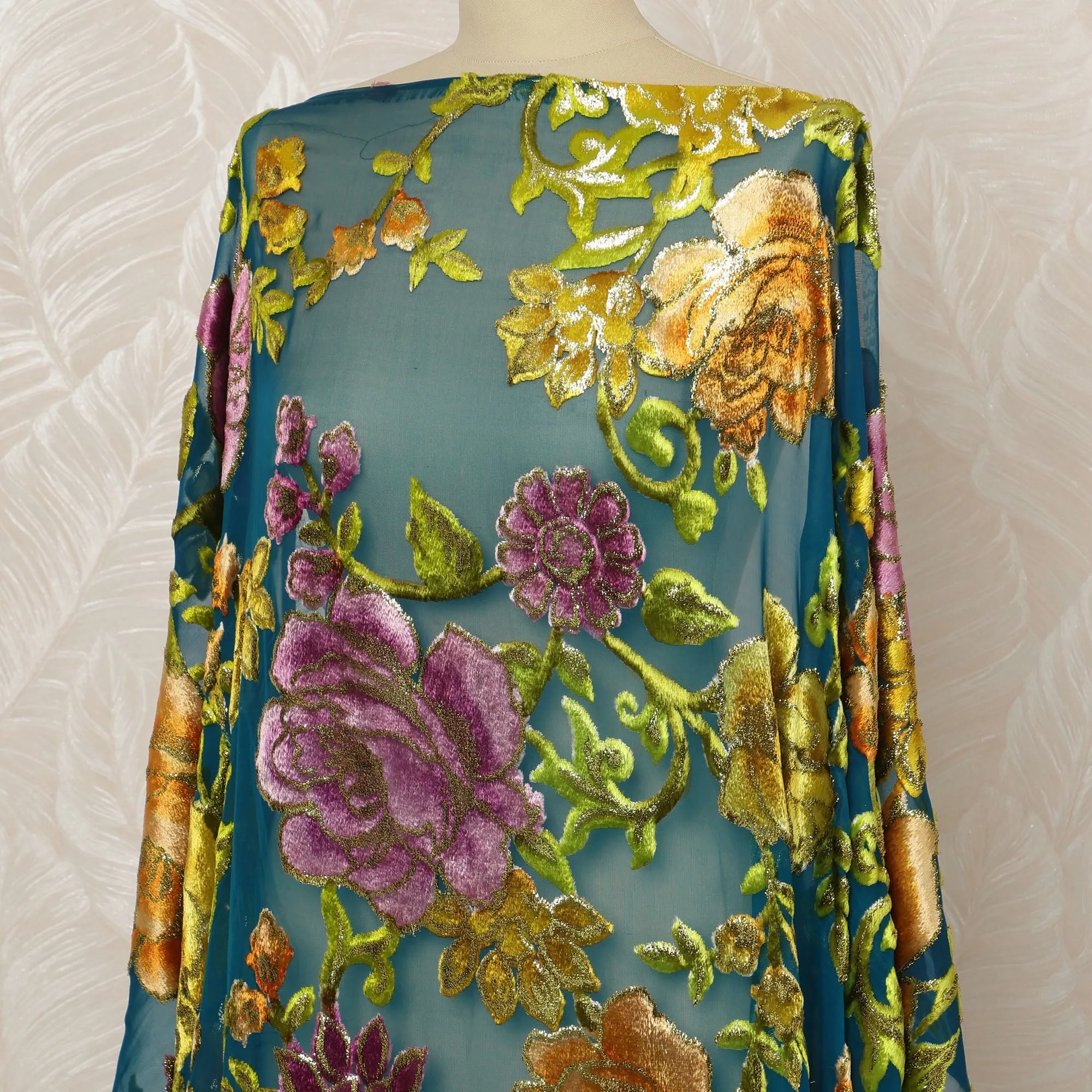 Traditional Somali Dirac Silk Blended Velvet Chiffon Fabric in Teal with Gold and Purple Floral Design, 3.5 Meters, 140 cm Width-D20610