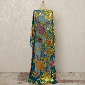 Traditional Somali Dirac Silk Blended Velvet Chiffon Fabric in Teal with Gold and Purple Floral Design, 3.5 Meters, 140 cm Width-D20610