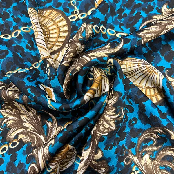 Turquoise Shells Print on Cheetah Poly Charmeuse Satin Fabric