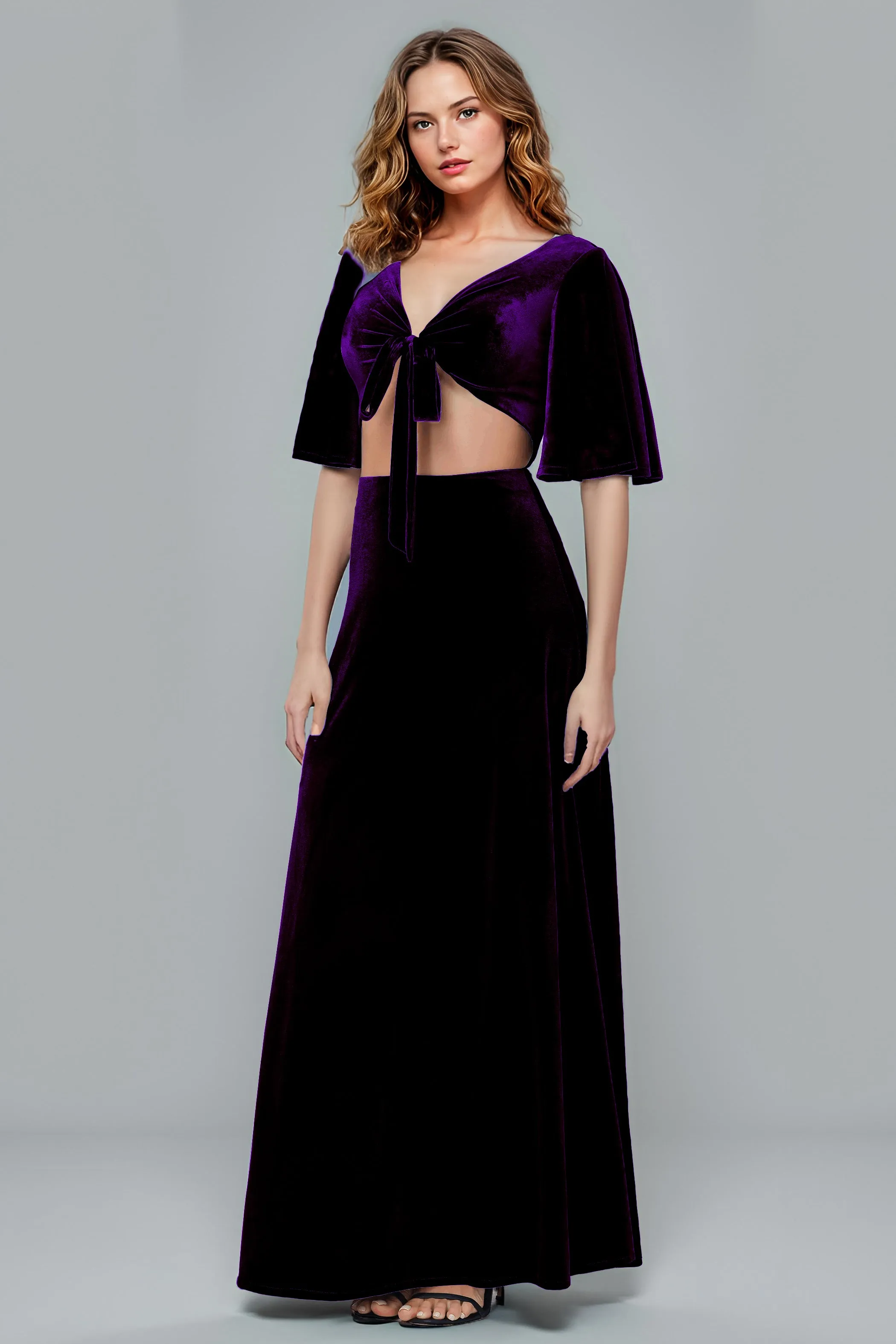 V-neck Half Sleeves A-line Cut Out Waist Velvet Bridesmaid Dresses