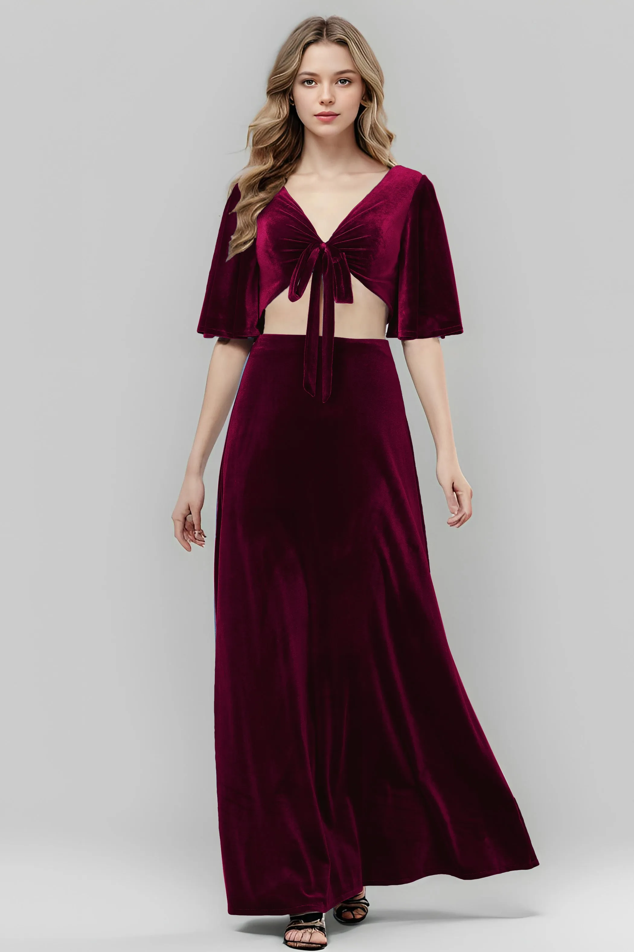 V-neck Half Sleeves A-line Cut Out Waist Velvet Bridesmaid Dresses